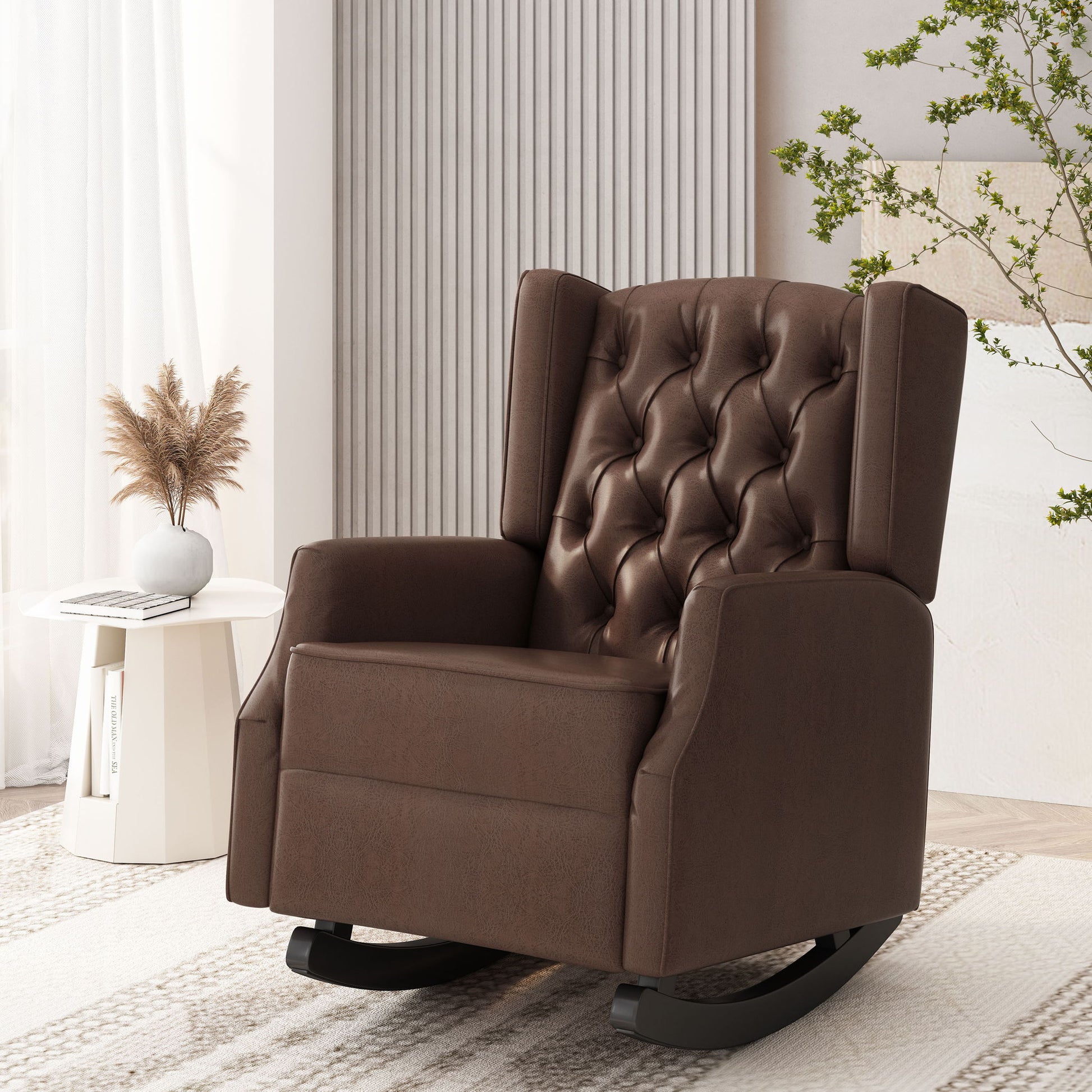 Amedou - Contemporary Tufted Wingback Rocking Chair - Dark Brown