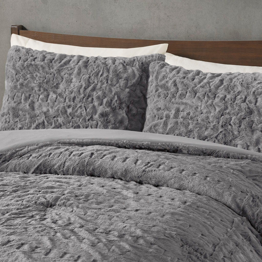 Blair - Ruched Fur Down Alternative King Comforter Set - Gray