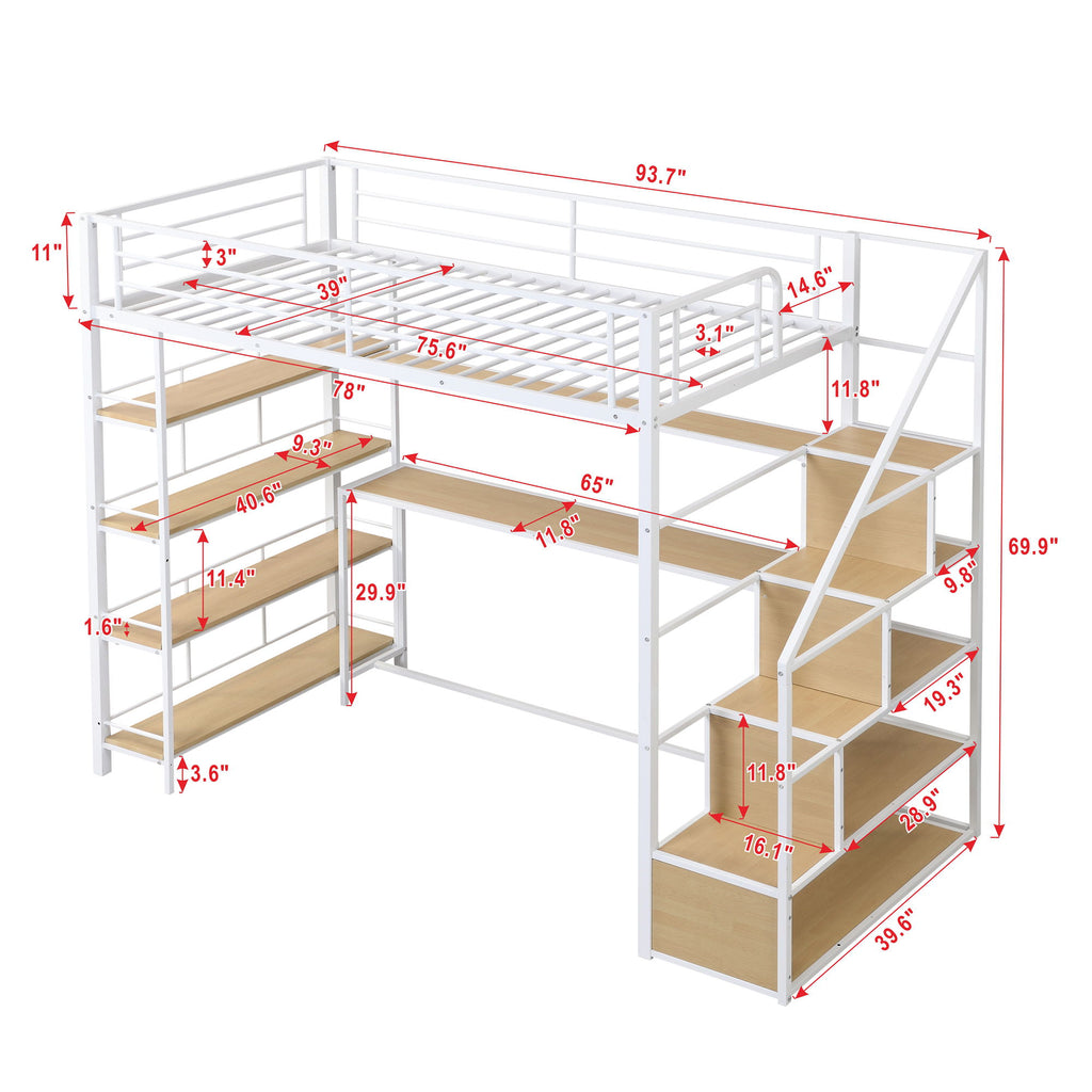 Twin Size Loft Bed With Built In Desk, Staircase Storage & 4 Tier Shelves - White