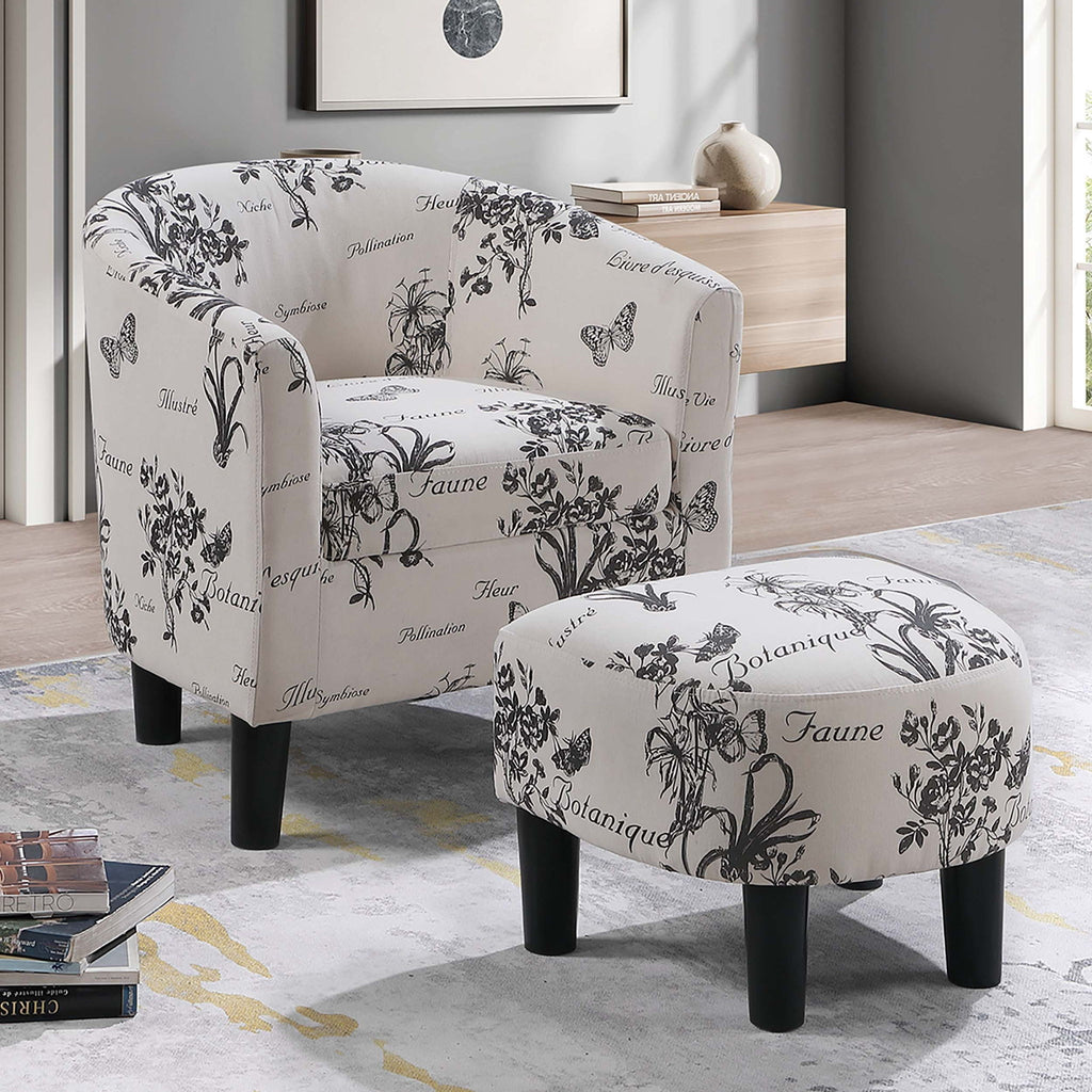 Accent Chair With Matching Ottoman Upholstered Round Backrest, Seating Set - Off White / White