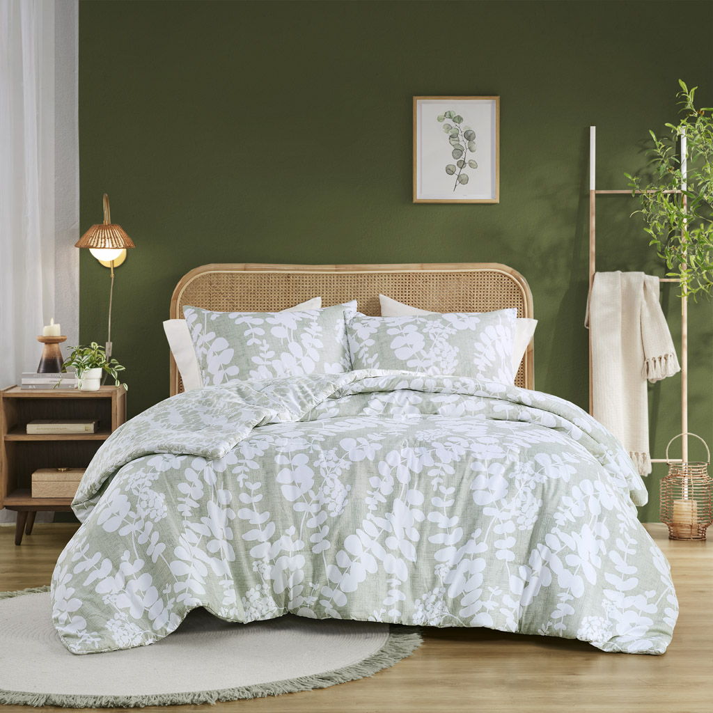 Aria - Full/Queen Floral Print Revesible Comforter Set - Sage