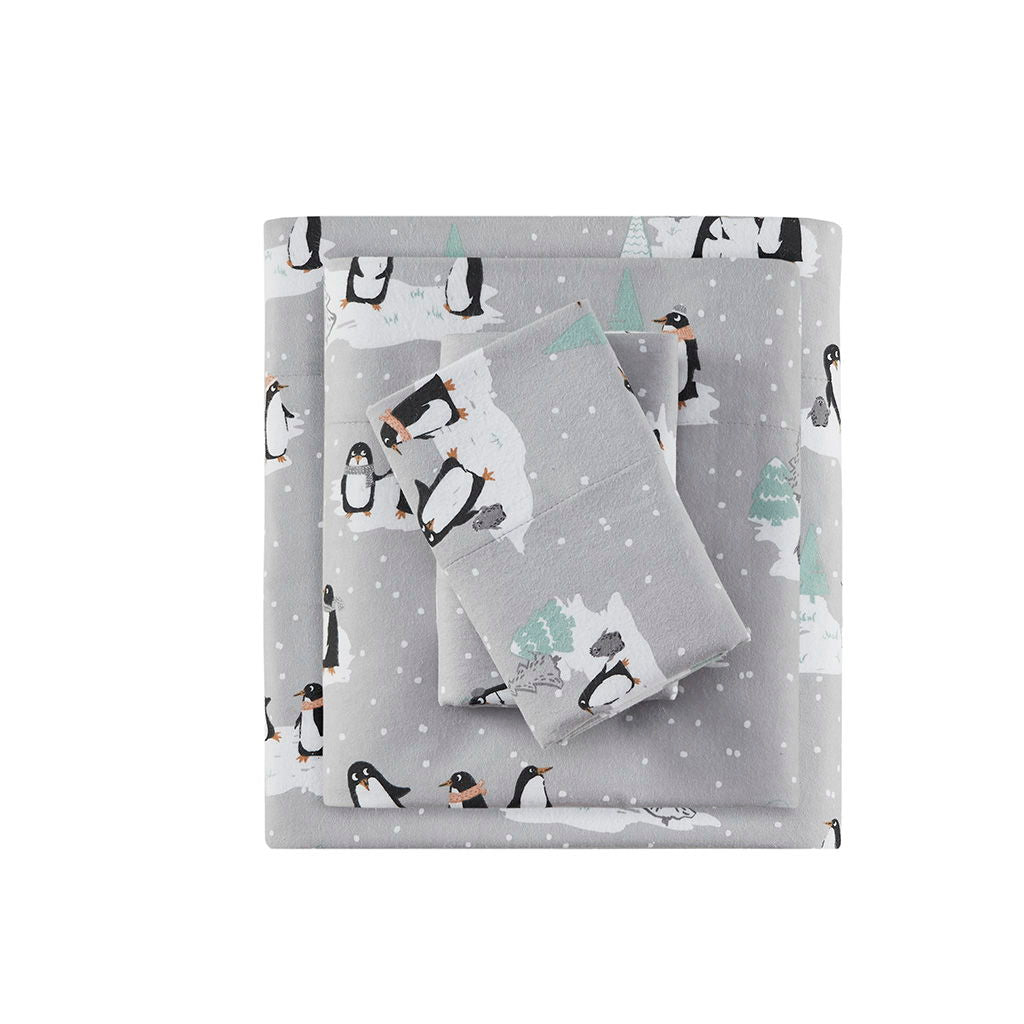 Cozy Flannel - Printed Sheet Set - Gray Penguins