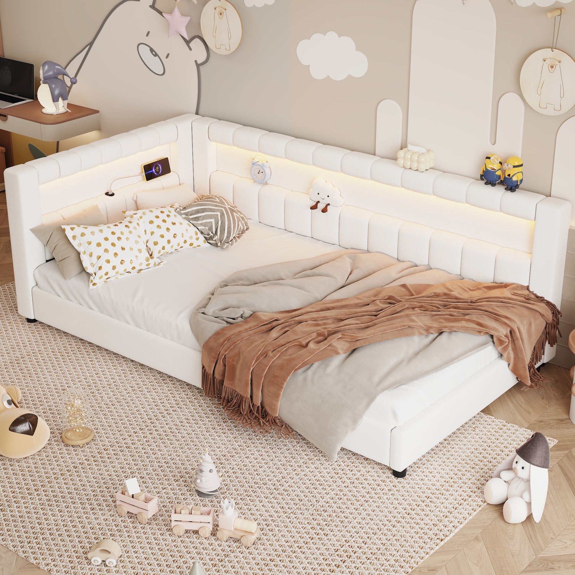 Upholstered Platform Bed With LED Belt And USB Ports