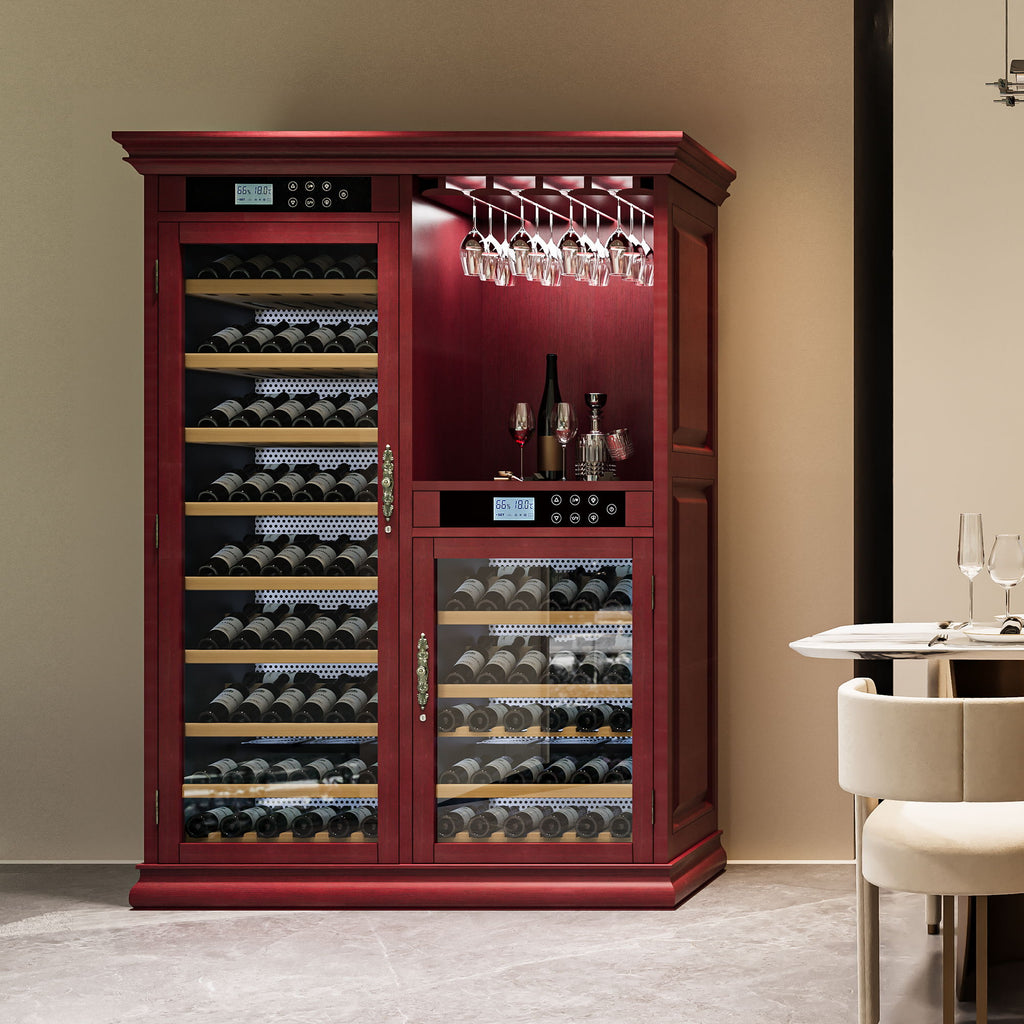 Wine Cooler With Dual Zone Temperature Control, Vacuum Insulated Door, LED Lighting, 158 Bottle Capacity - Cherry