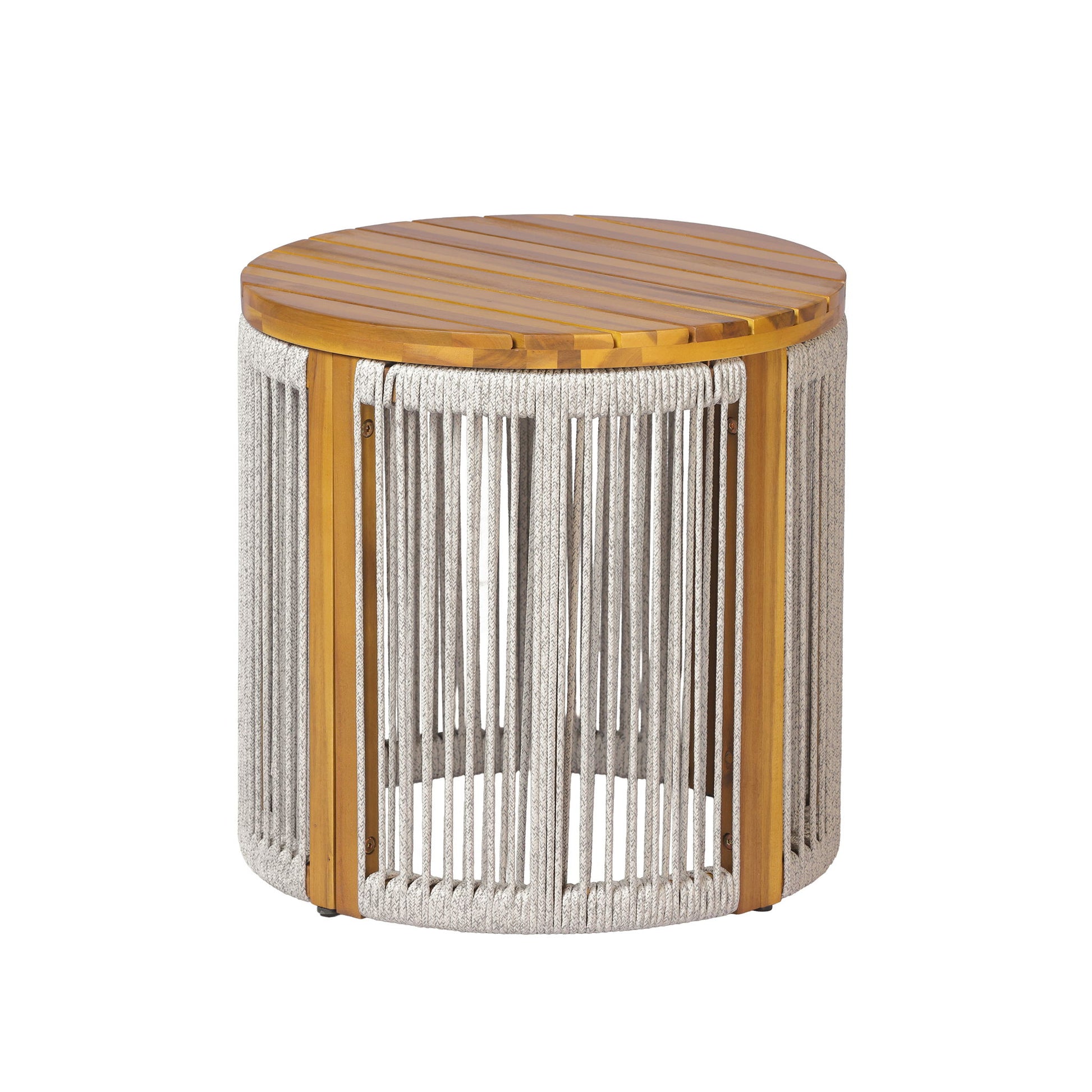 Round Side Table With Rope Detail For Patio - Light Gray / Teak