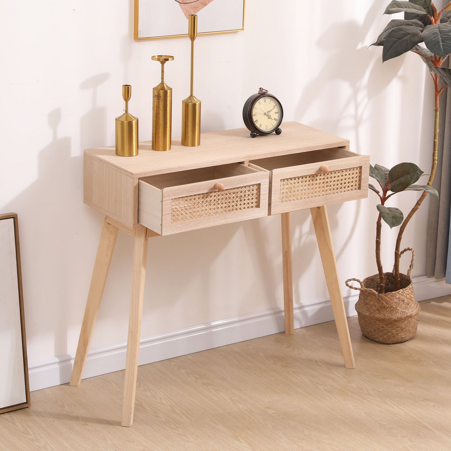 Side Table With Two Real Rattan Drawers, Solid Wood Table Legs, Can Be Used In The Dining Room, Living Room, Bedroom, Entrance