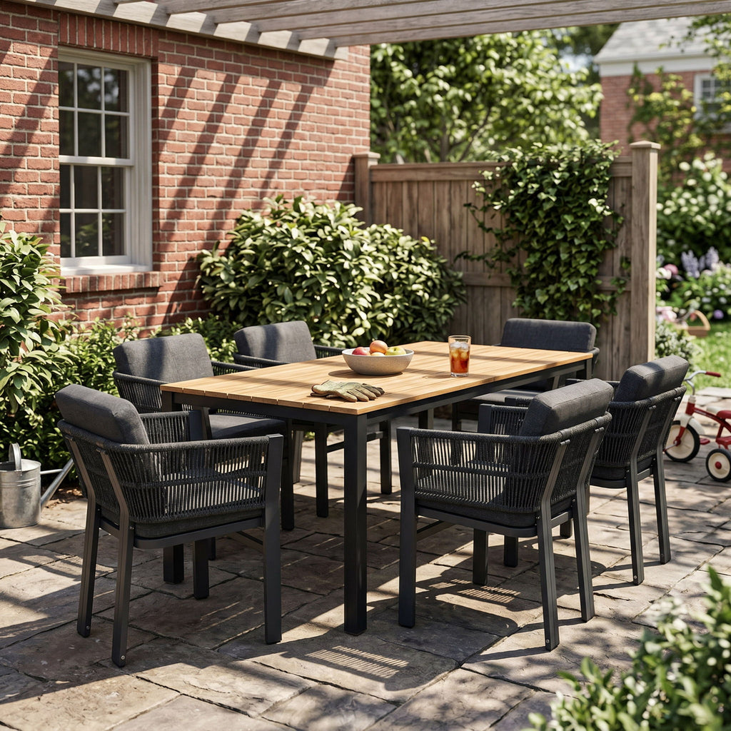7 Piece Outdoor Dining Set & Table And 6 Chairs - Black / Gray / Teak
