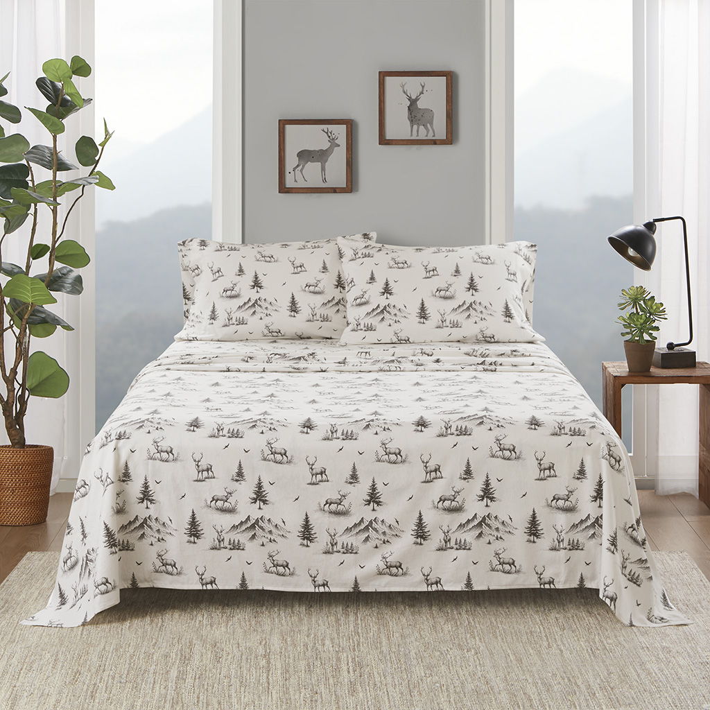 Flannel - 4 Piece Queen Sheet Set - Gray Deer Toile