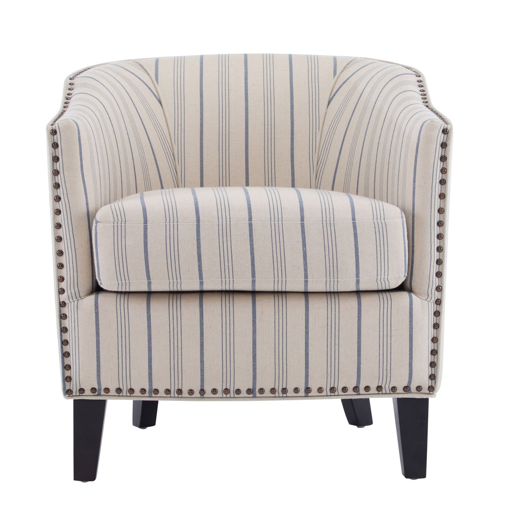 Transitional Upholstered Stripe Barrel Chair With Birch Wood Legs And Plush Cushioned Seat - Beige / Blue Stripe