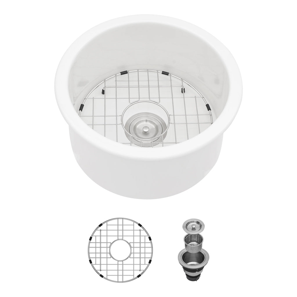Ceramic Circular Kitchen Sink With Drain Assembly And Bottom Grid, 18" Dual Mount - White