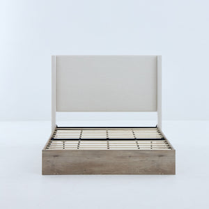 Shelton - Queen Upholstered Wingback Bed With 54" High Headboard - Ivory / Light Gray / Camel Oak