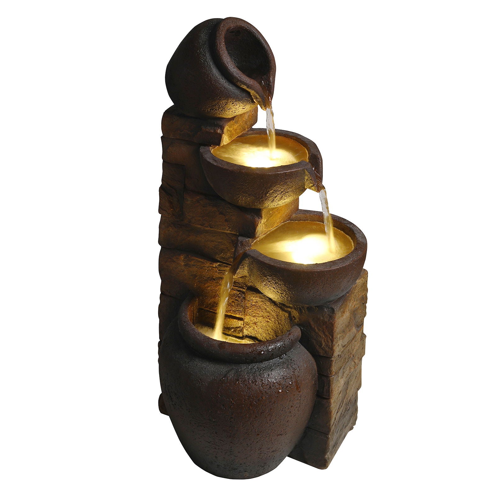 Tiered Outdoor Garden Water Fountain With Warm LED Lights - Brown