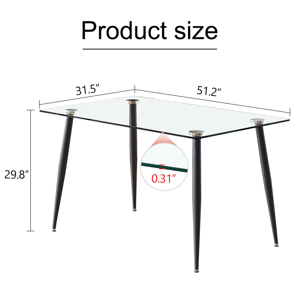Modern Rectangular Glass Dining Table With Tempered Glass Top And Metal Legs For 4 - 6 People - Black / Transparent