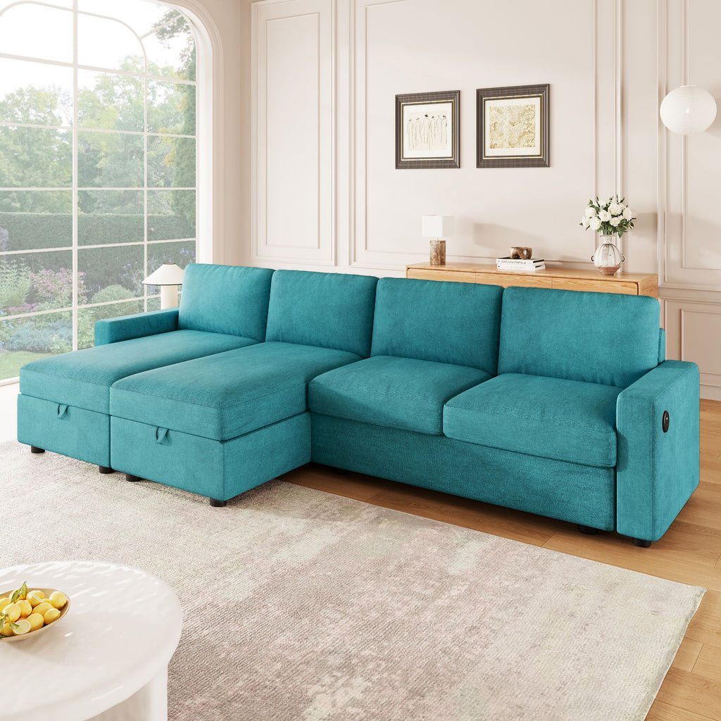Convertible Sectional Sofa With Storage Chaise Lounges And USB Ports