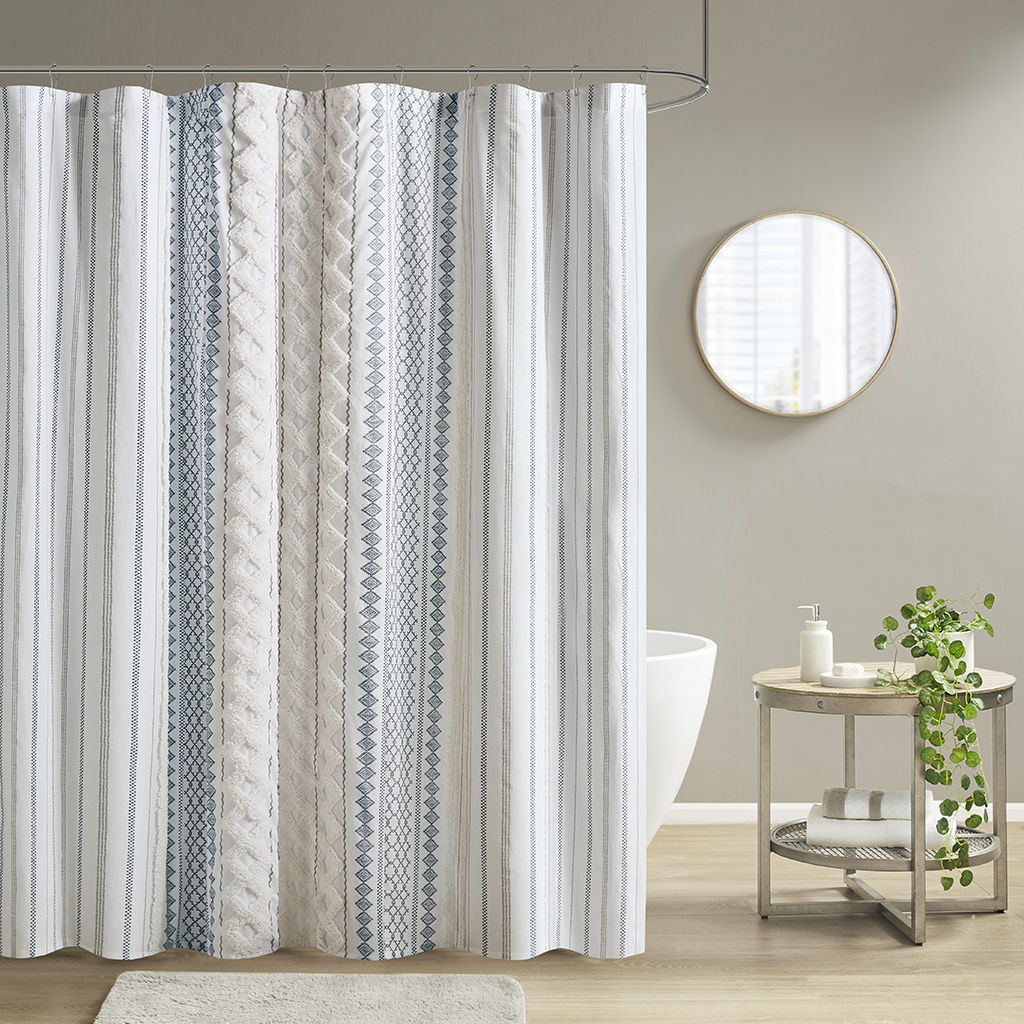 Imani - Cotton Printed Shower Curtain With Chenille - White/Navy