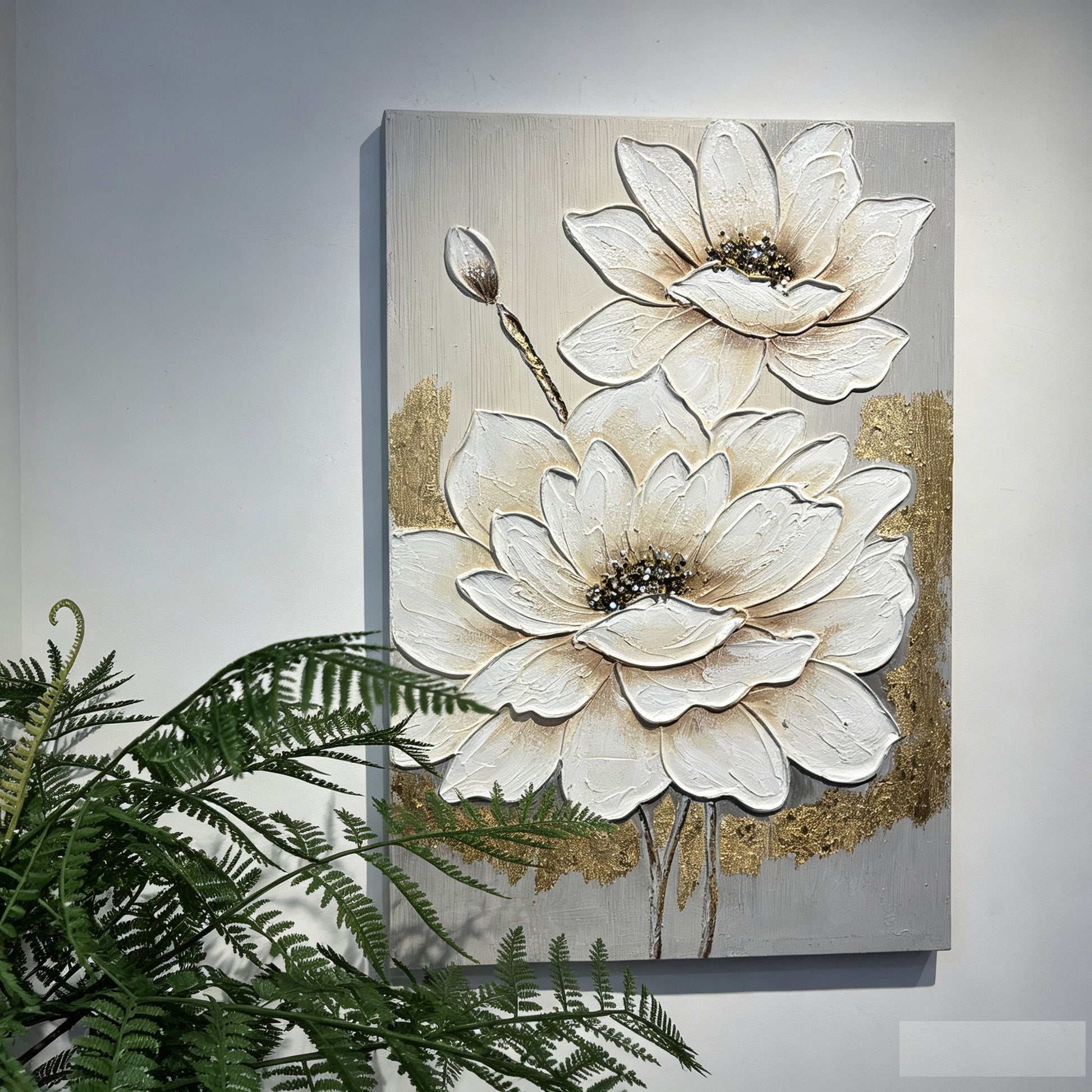 Lotus Flower Canvas Wall Art, Hand Painted Thick Textured Floral Painting With Accents, Neutral Decor For Living Room - Antique White / Gray