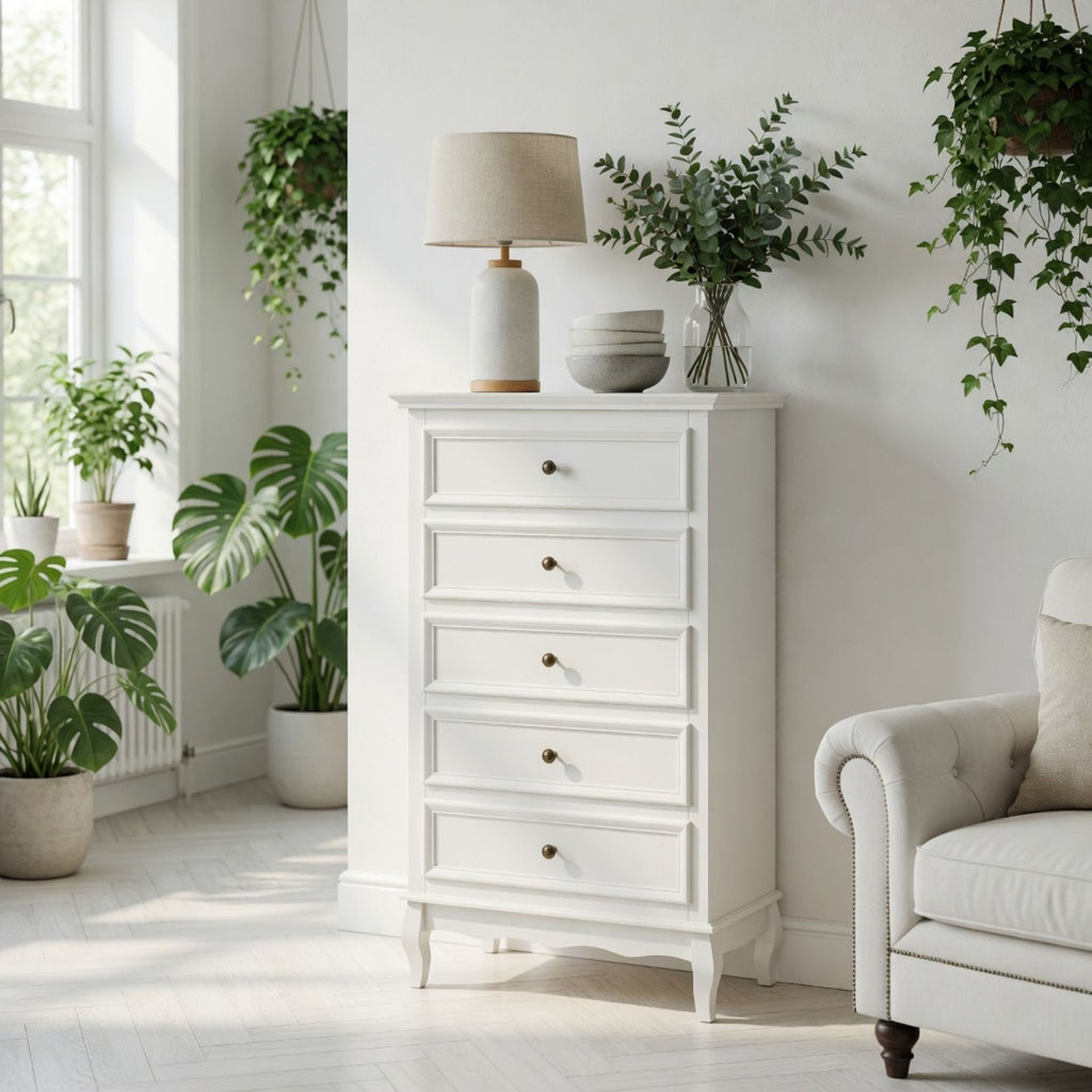 5 Drawer Tall Wide Chest Of Drawers - White