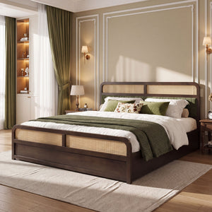 Platform Bed Frame With Rattan & Upholstered Headboard