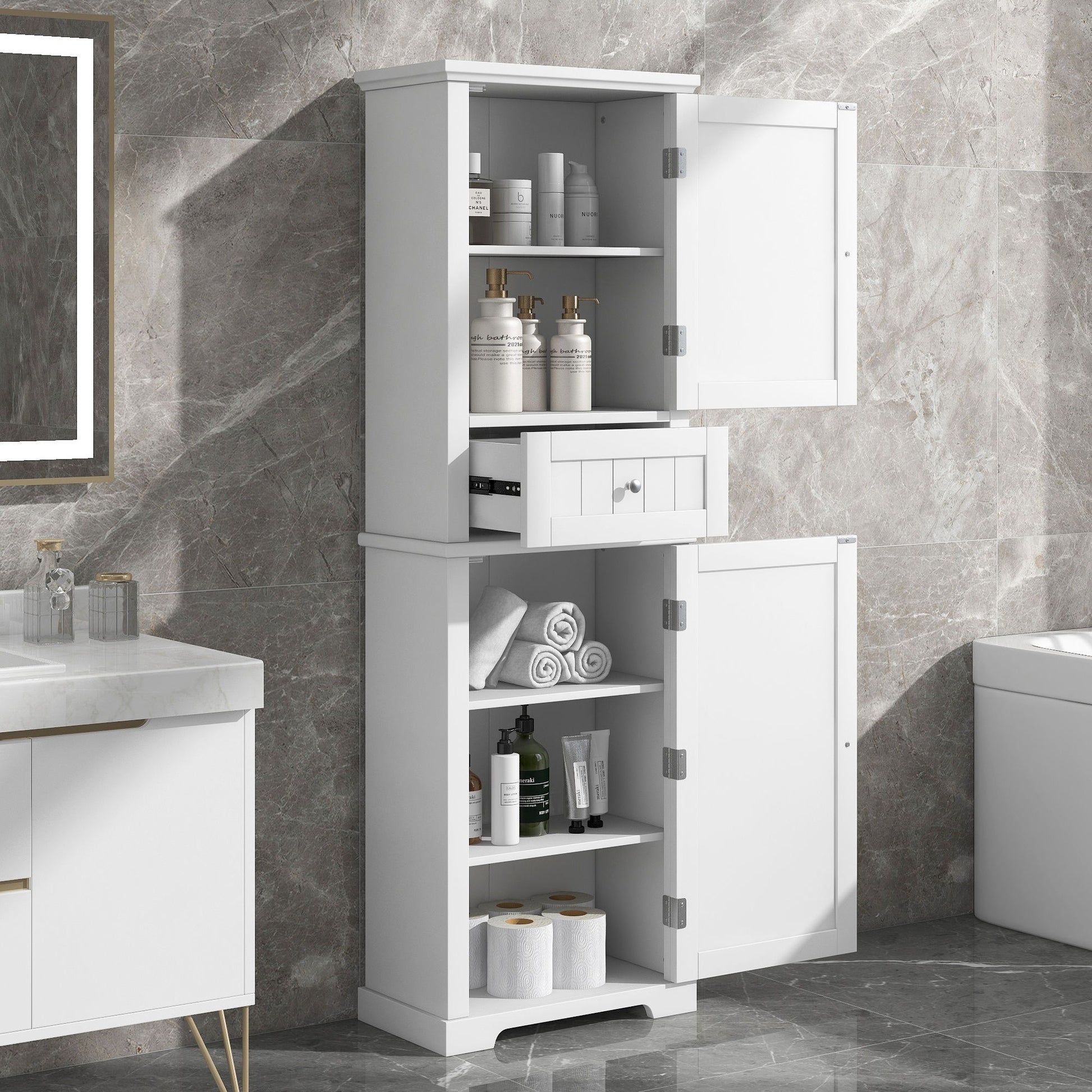 Tall Freestanding Bathroom Storage Cabinet With Drawer And Adjustable Shelf