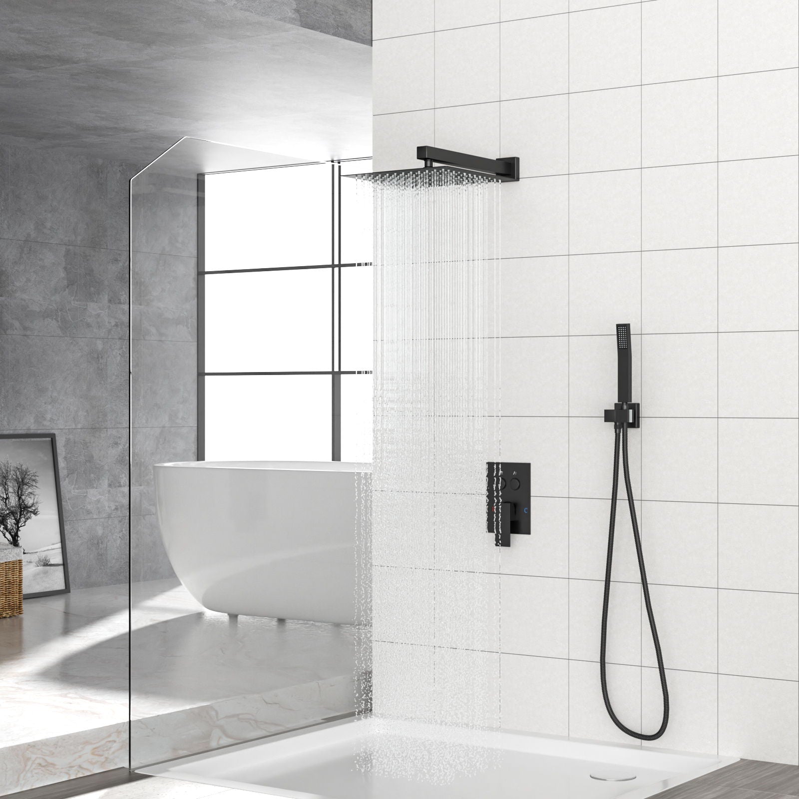 Dual Shower Head System With Rainfall Design, 10" Wall Mounted Square Shower Set - Matte Black