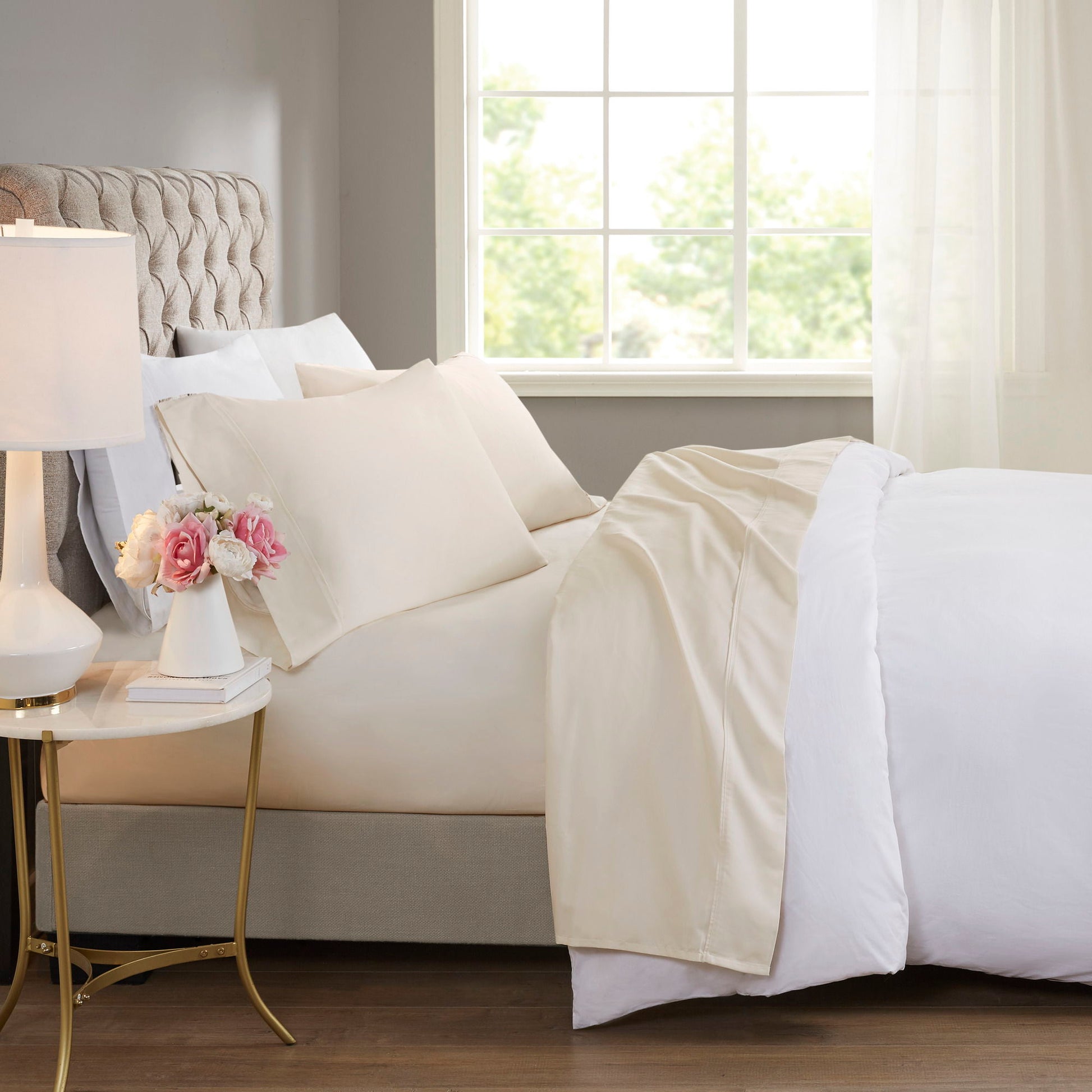 600 Thread Count - Queen Cooling Cotton Blend 4 Piece Sheet Set - Ivory