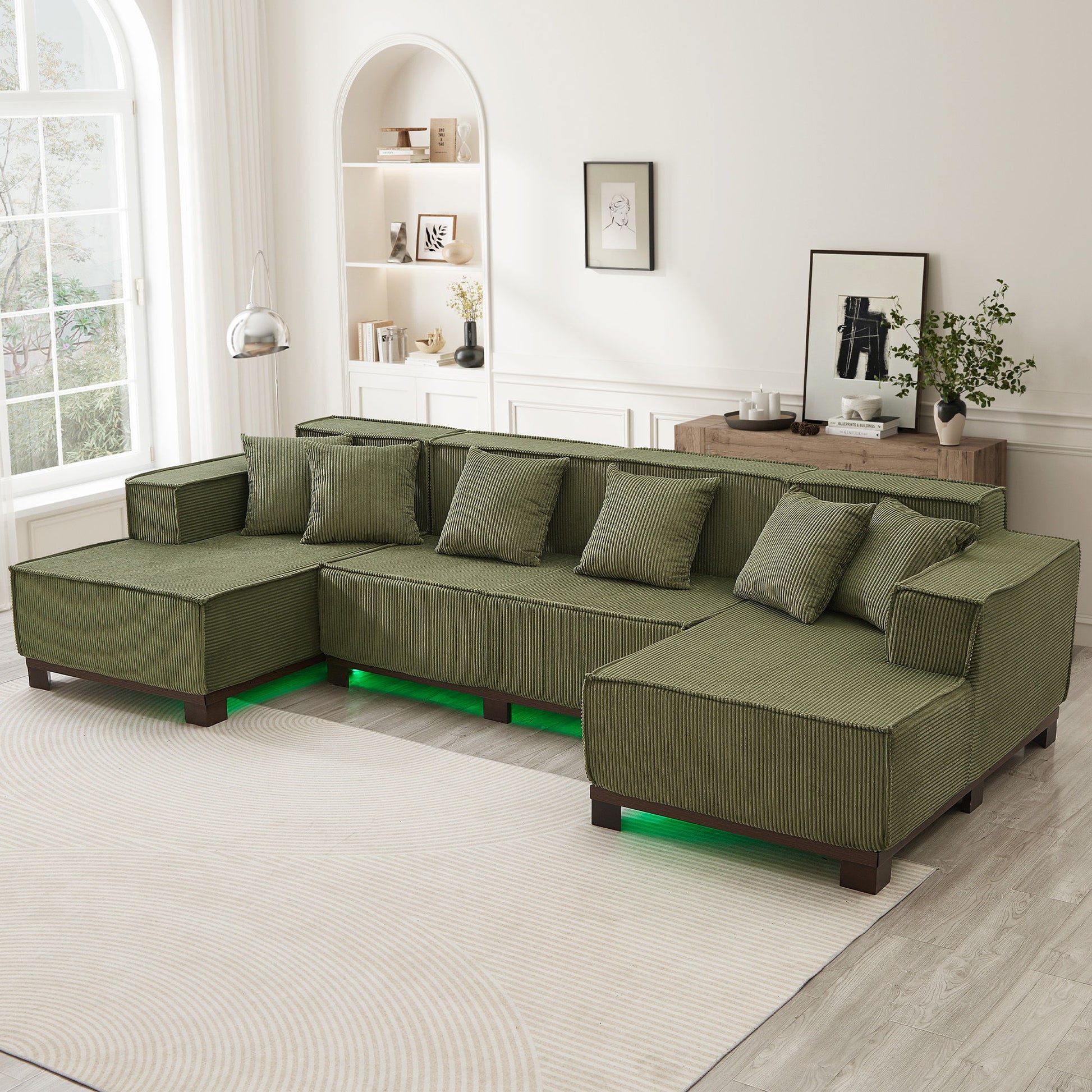 U-Shaped Sectional Sofa With RGB LED Light Strip And 6 Pillows