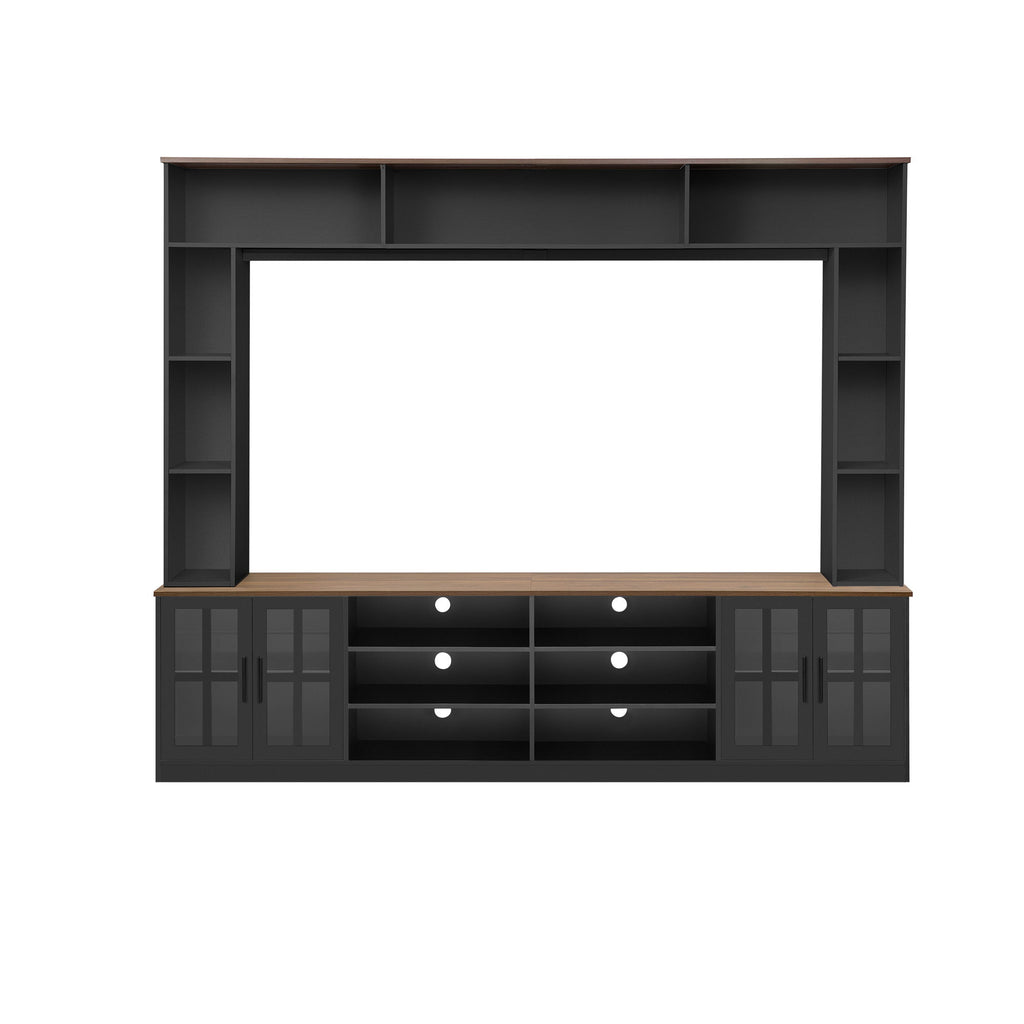 Wall Unit Entertainment Center With Bookshelves For TVs Up To 80", Tempered Glass Doors And Adjustable Shelves