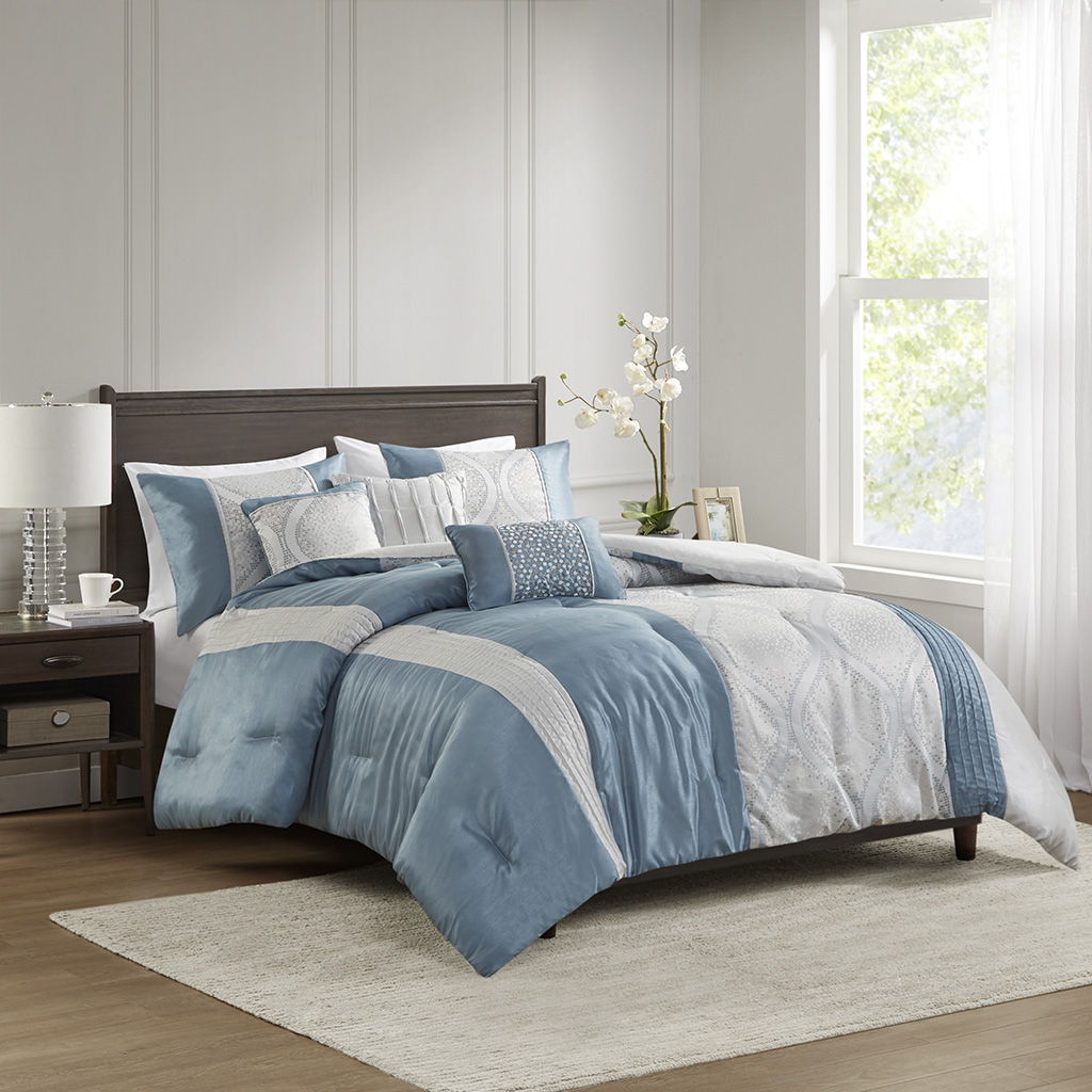 Lori - 6 Piece Jacquard Comforter Set With Throw Pillows - Teal / Silver