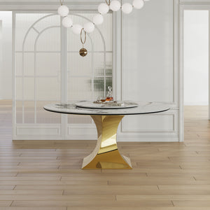 Luxury Round 59" Sintered Stone Dining Table With Stainless Steel Hourglass Base, Scratch & Heat Resistant Surface - Golden / White