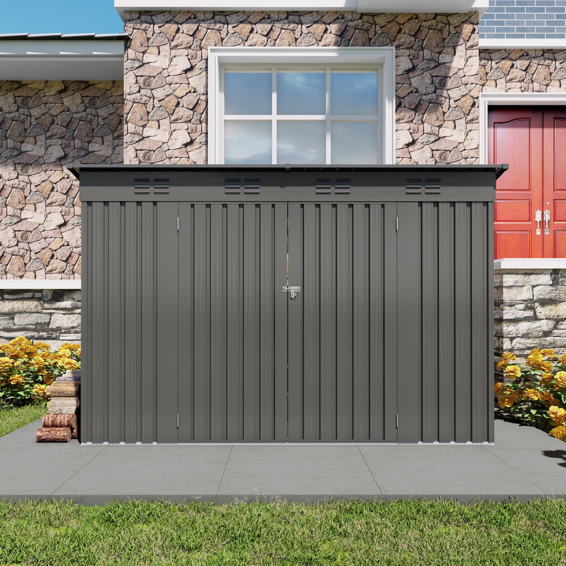 Outdoor Storage Shed, Tool House With Sloping Roof, 6 Vents And 2 Swing Doors For Backyard - Gray