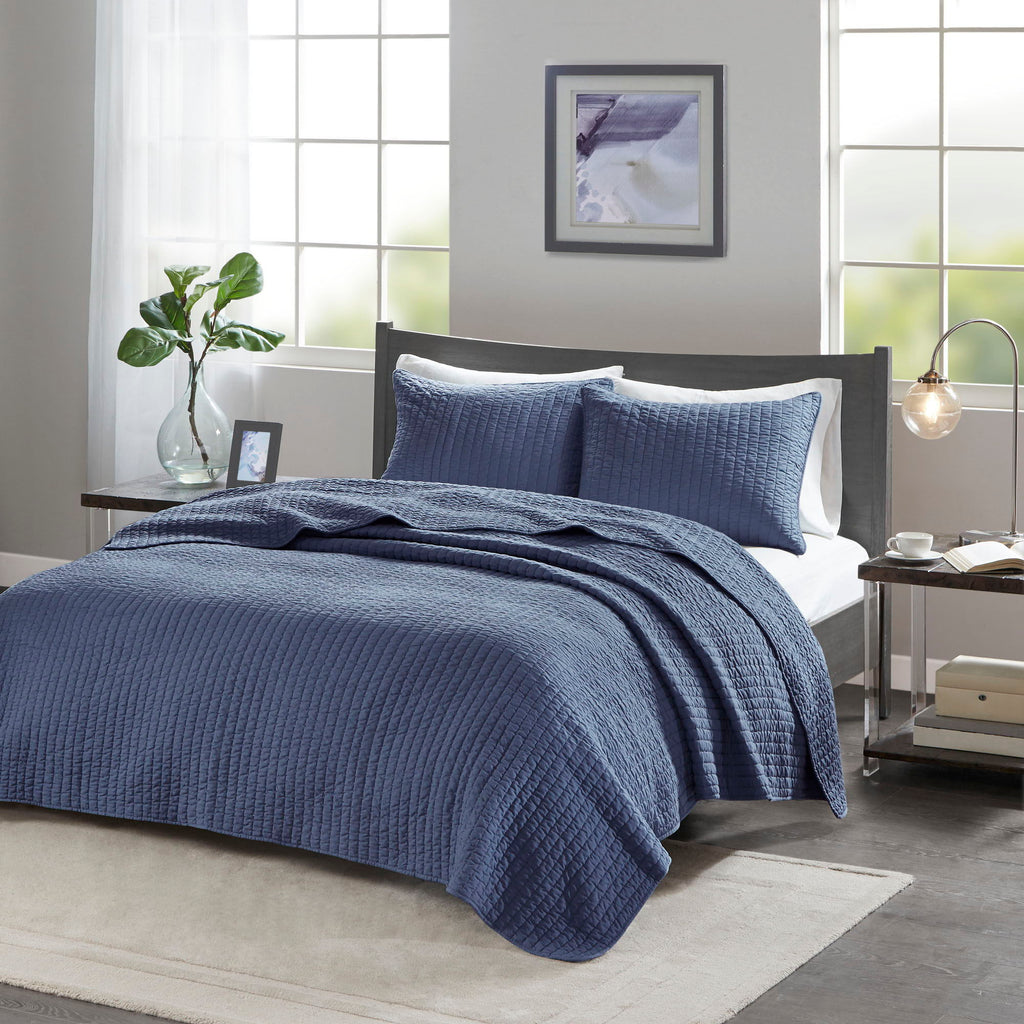 Keaton - King Reversible Coverlet Set - Navy