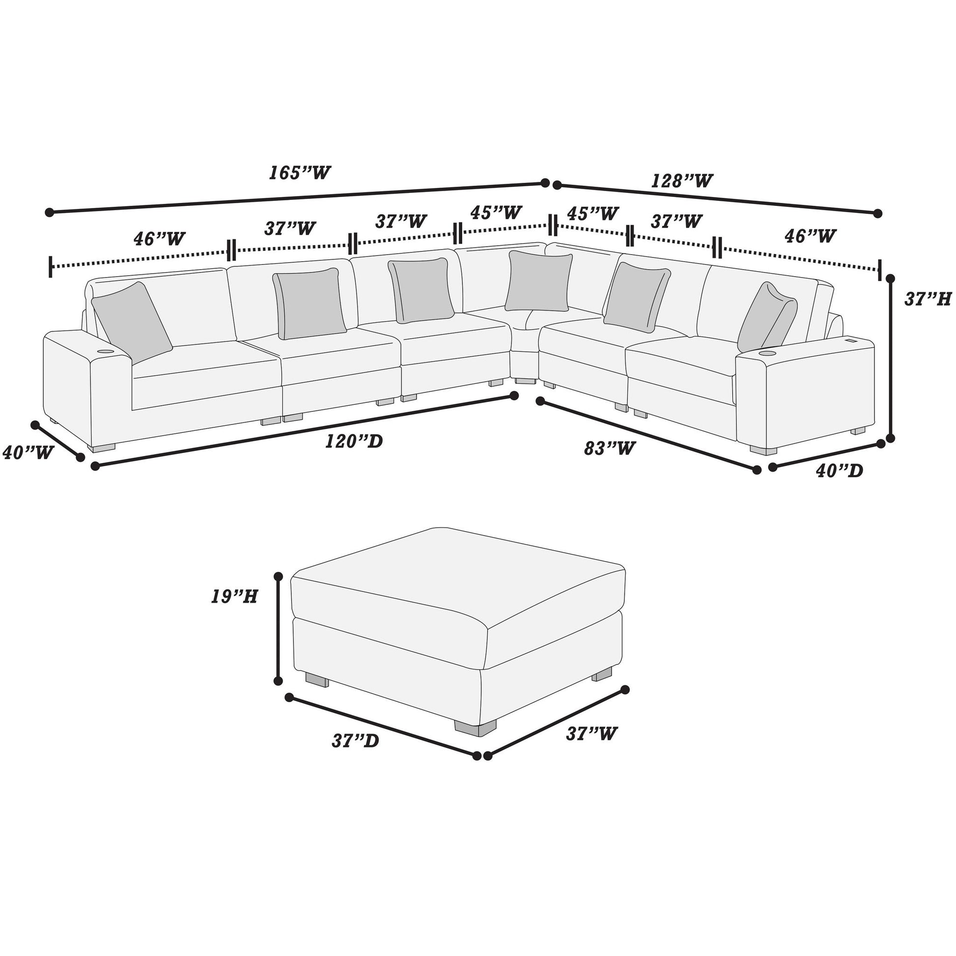 Contemporary Style Modular Sectional Sofa Set With USB, Cup Holder