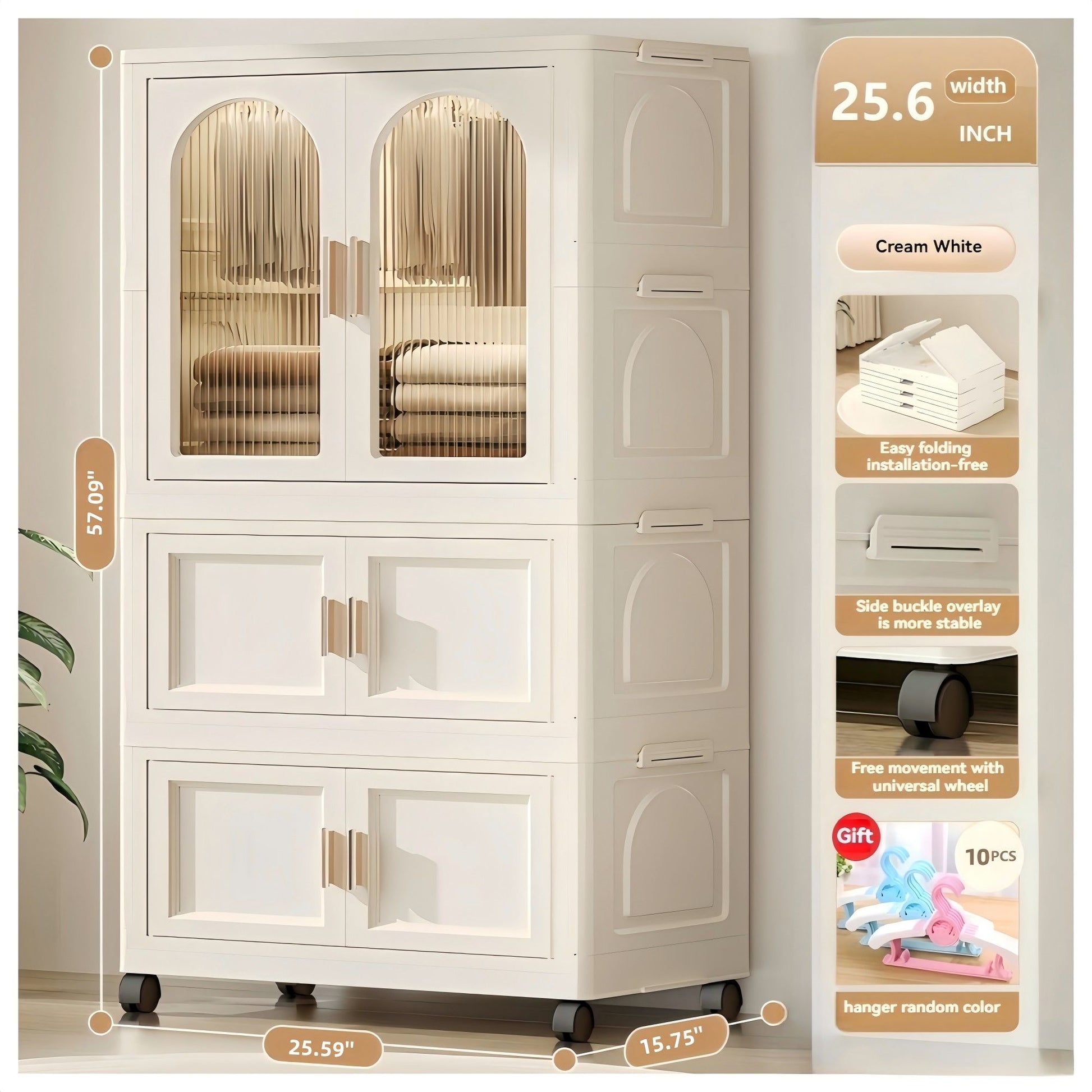 Folding Wardrobe Cabinet With Magnetic Doors, Wheels And Hangers