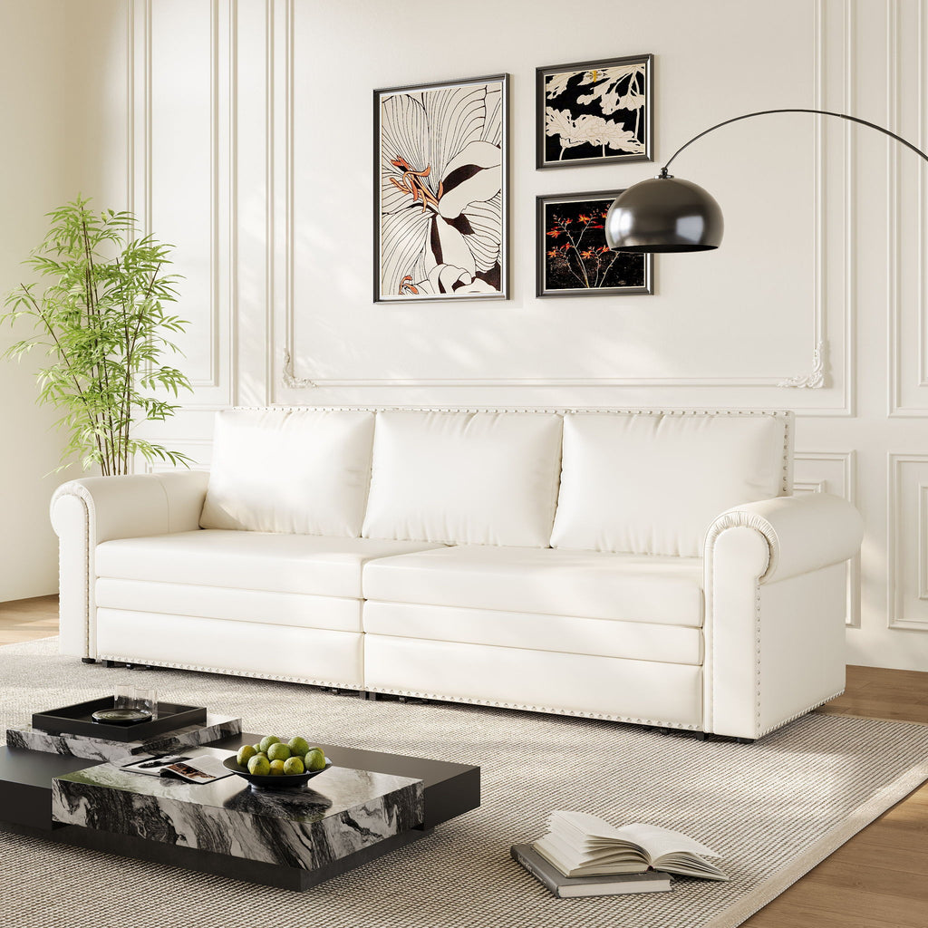 3 In 1 Convertible Sleeper Sofa With Nailhead Trim & Rolled Arm