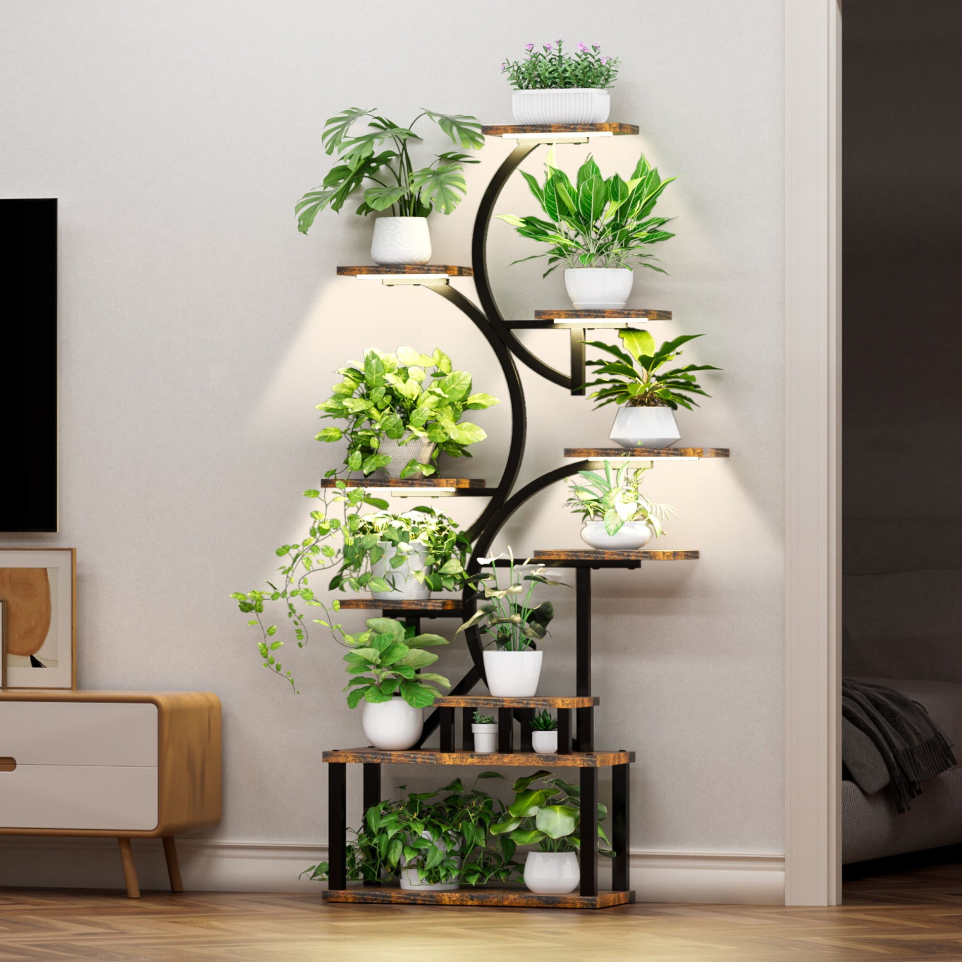 S - Shaped, 10 Tier Plant Stand With 5 Grow Lights - Deep Rustic Brown