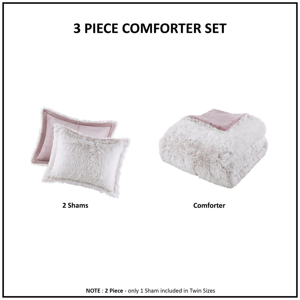 Malea - 3 Piece King/California King Shaggy Comforter Mini Set - Pink/White