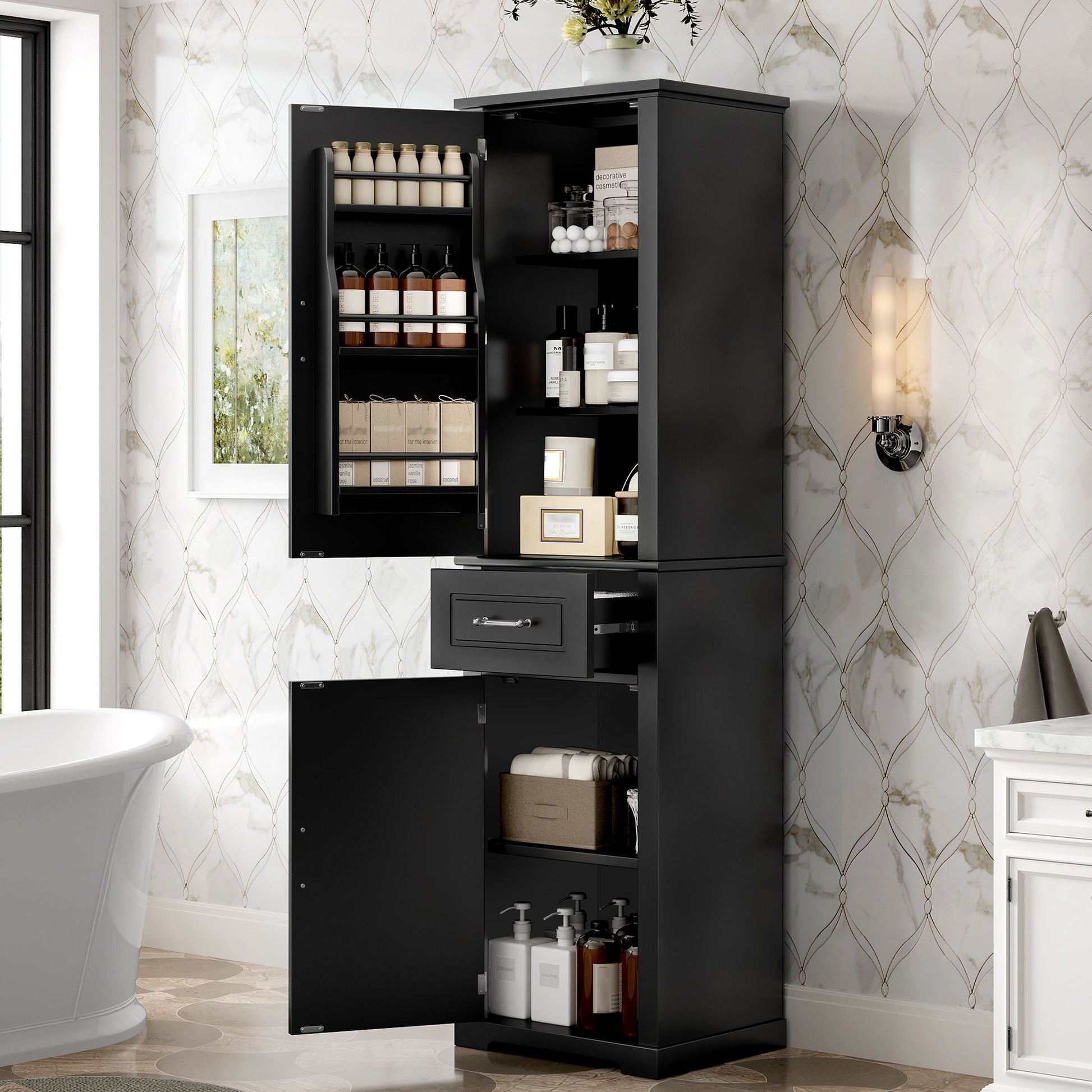 Tall Freestanding Bathroom Storage Cabinet With Adjustable Shelf, 2 Door Design