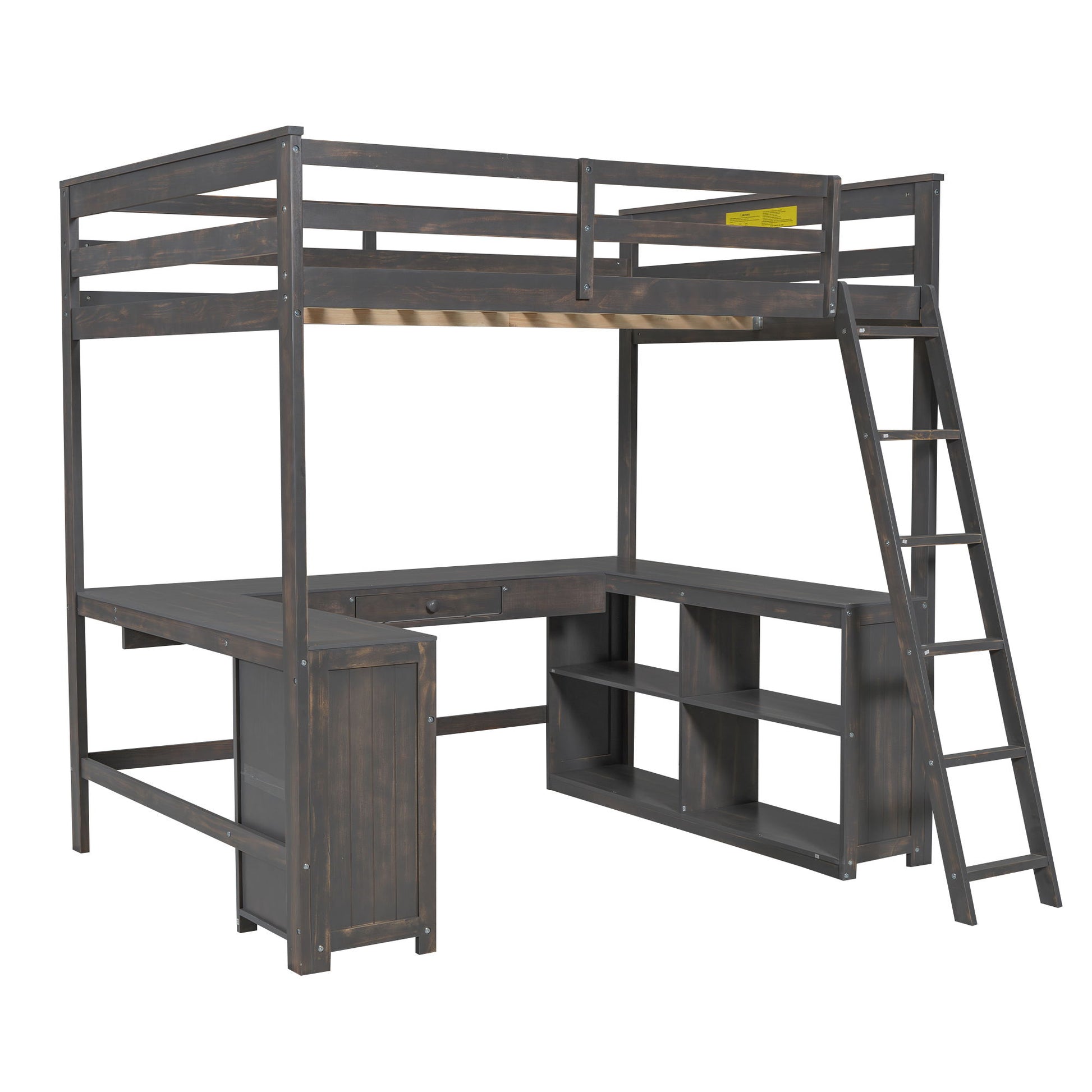 Loft Bed With U Shaped Desk, Drawers, And Storage Shelves