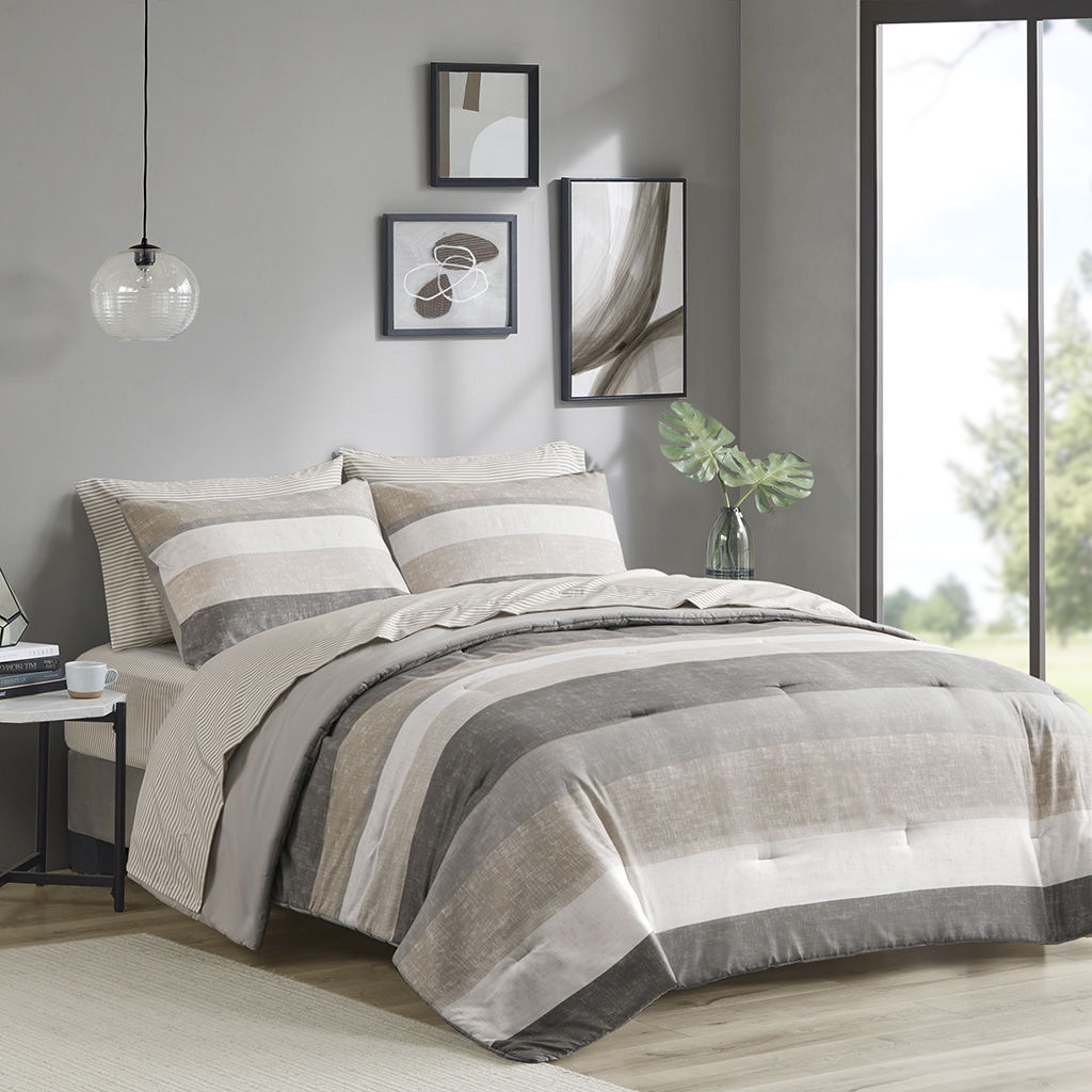Jaxon - Stripe Queen Comforter Set With Bed Sheets - Taupe / Gray