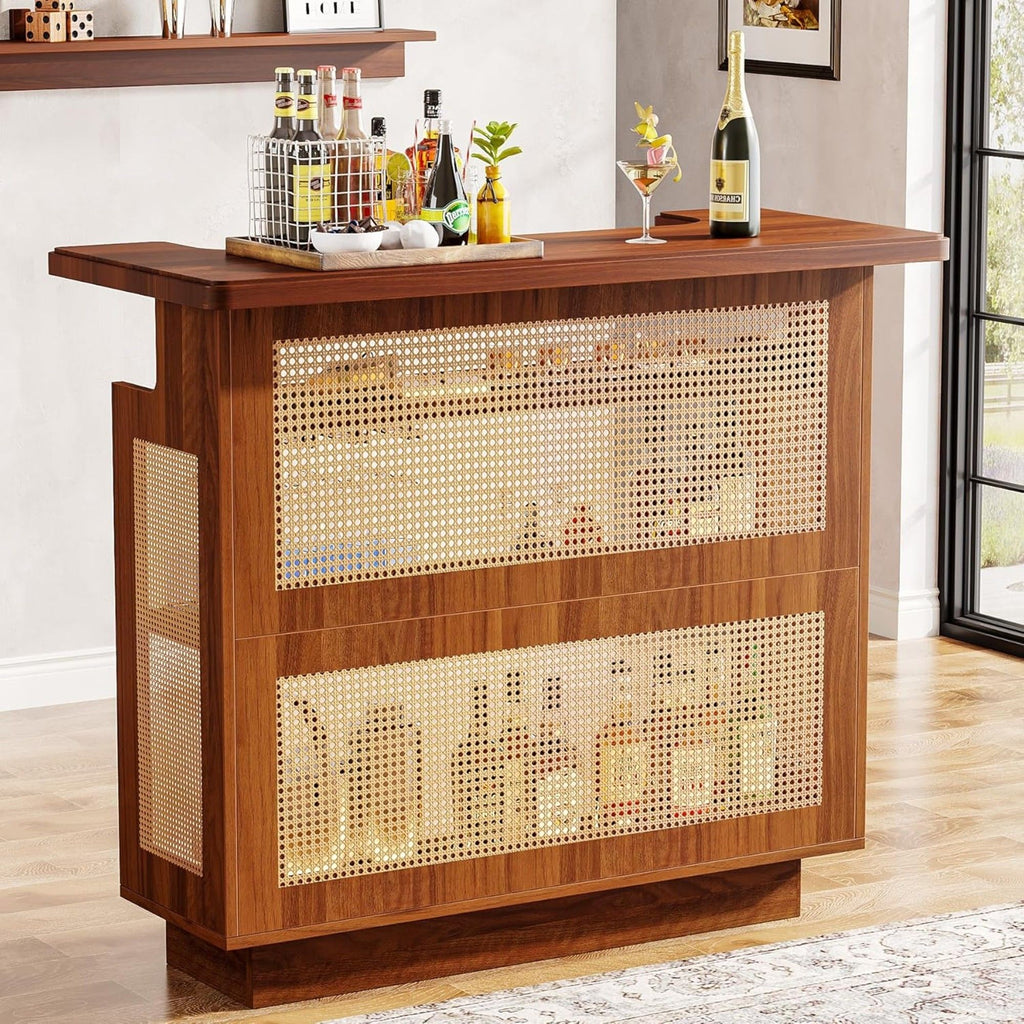 Home Bar Unit With 4 Tier Storage And Stemware Racks For Living Room - Brown