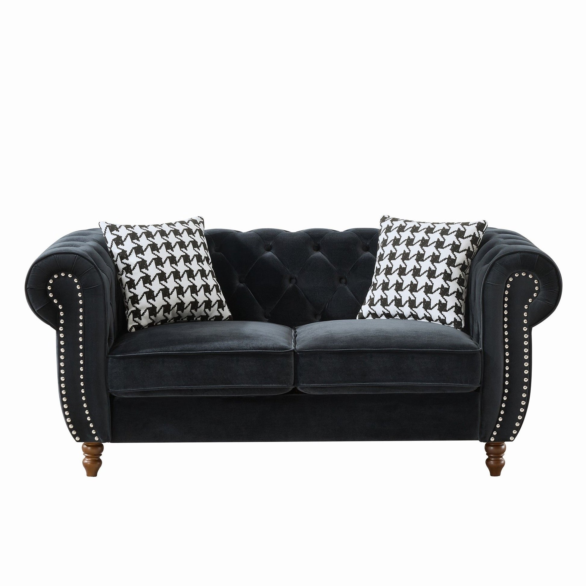 Chesterfield Velvet Upholstery Fabric Loveseat With Roll Armrest And Nailhead