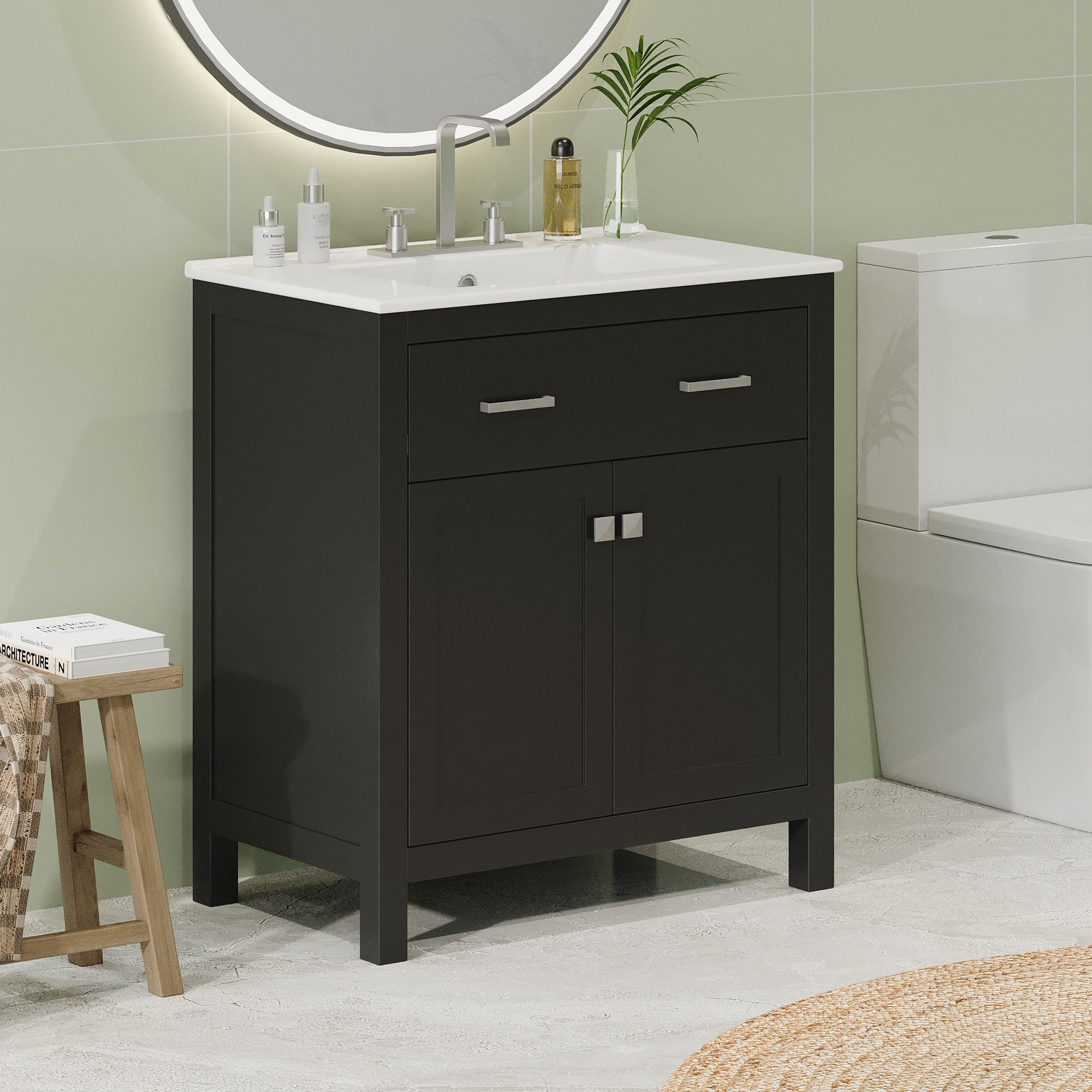 Bathroom Vanity With Ceramic Sink, Modern Single Bathroom Cabinet With 2 Doors And A Shelf, Soft Close Doors