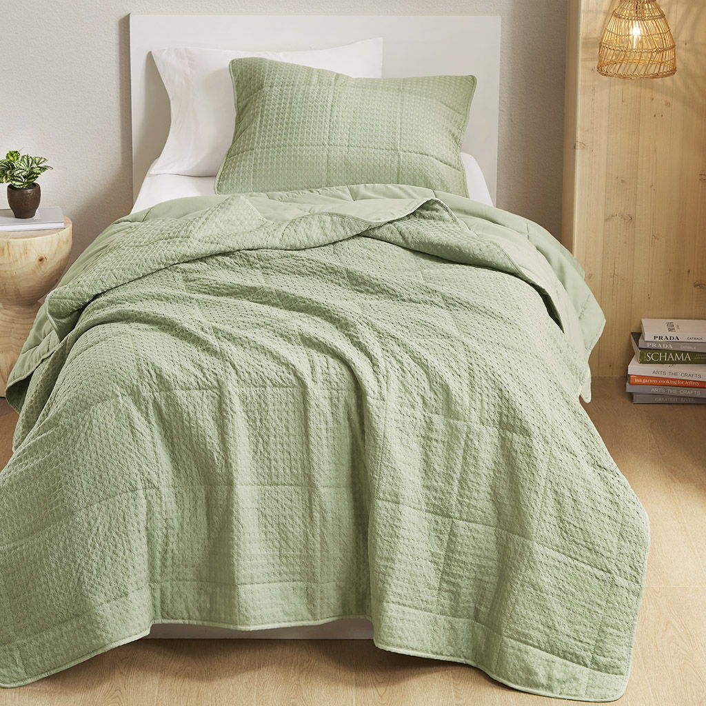 Mina - Full/Queen Waffle Weave Textured Quilt Set - Green
