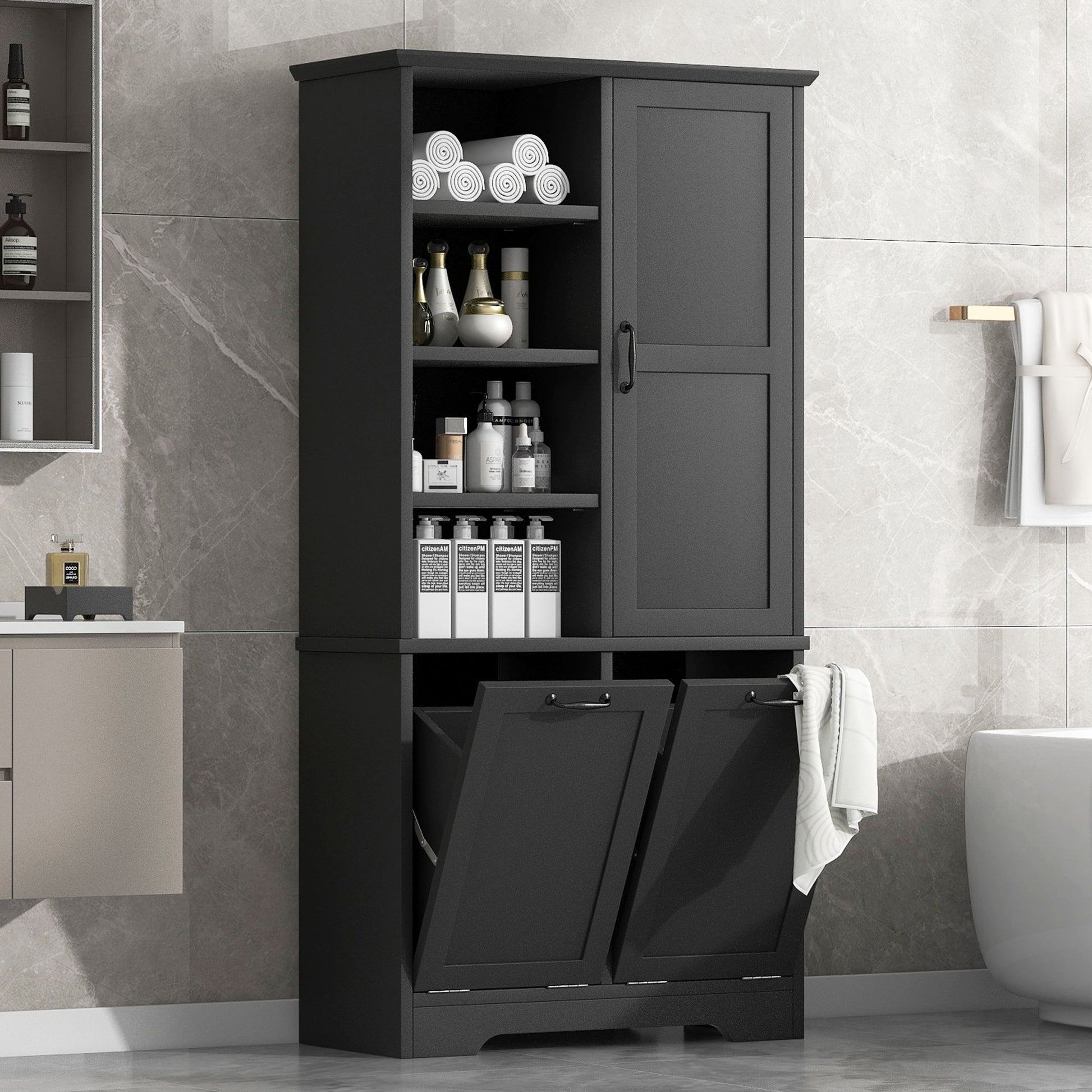Freestanding Bathroom Storage Cabinet With Doors And Drawers, Adjustable Shelves, Tilt-Out Laundry Hamper