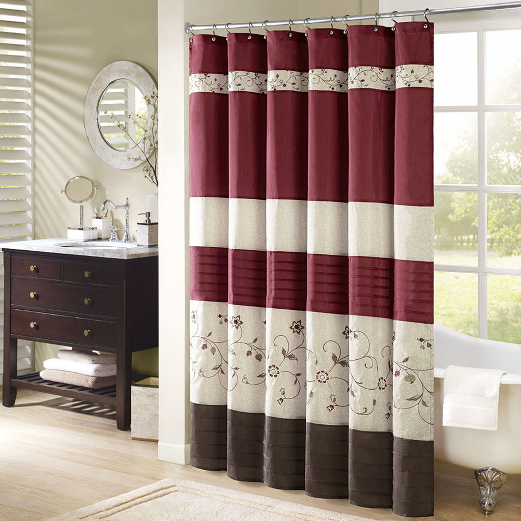 Serene - Embroidered Floral Shower Curtain - Red