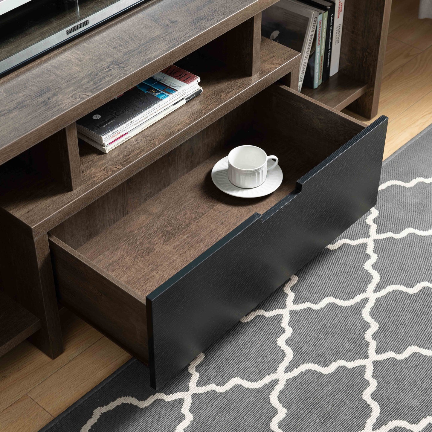 Two-Toned Modern TV Stand With Three Shelves