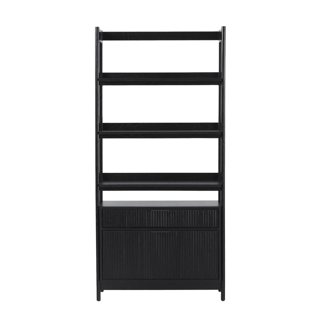 Transitional Wide Reeded Bookshelf With Drawers On Bottom