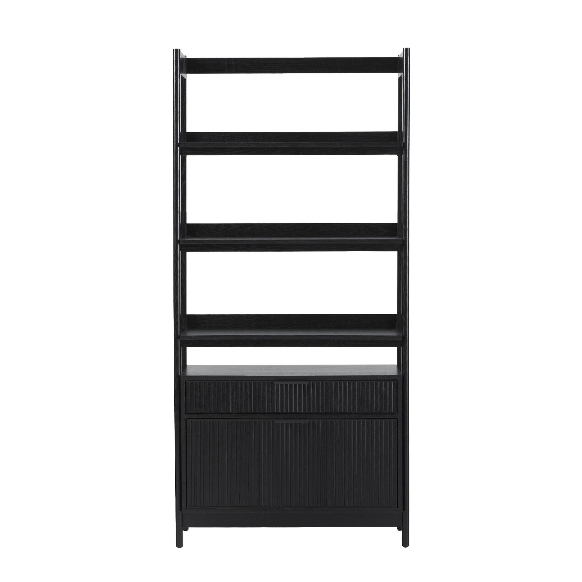 Transitional Wide Reeded Bookshelf With Drawers On Bottom