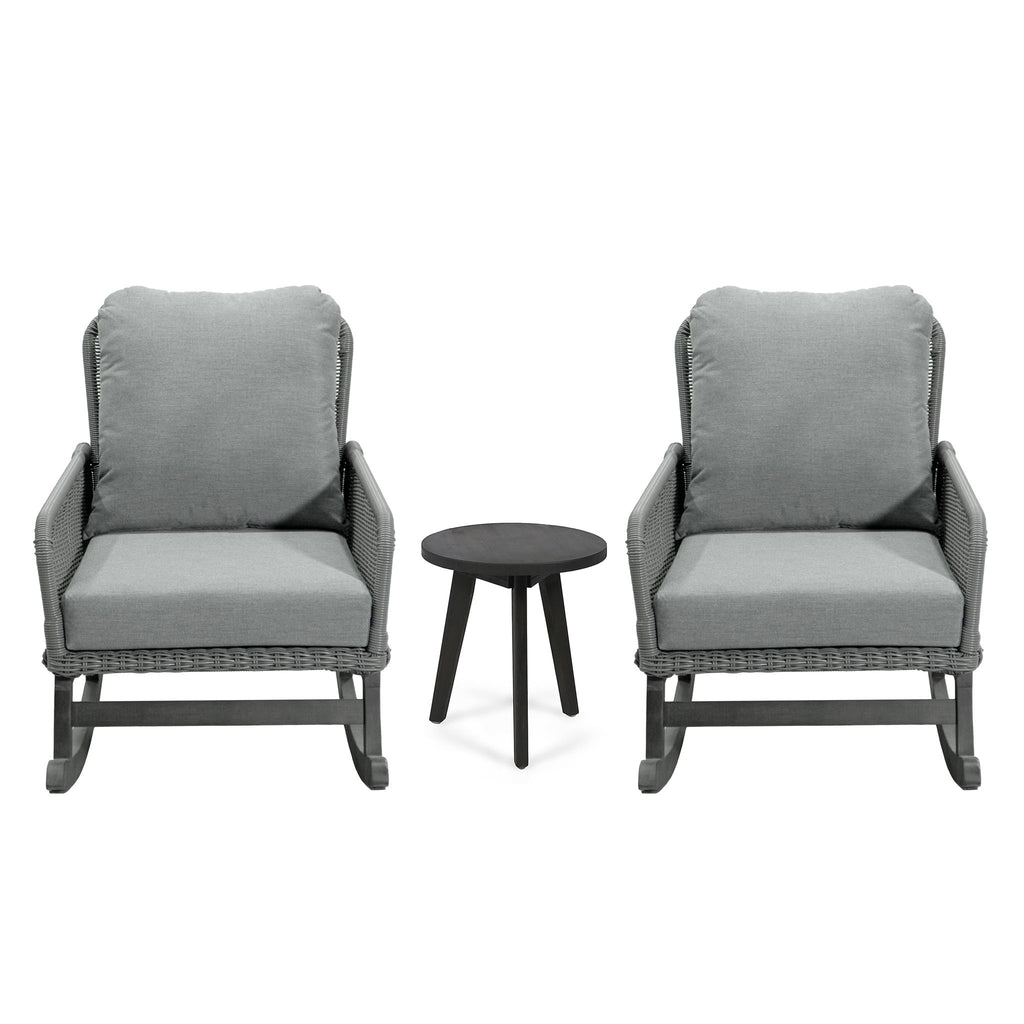 Modern 3 Piece Outdoor Seating Set With Cushioned Rattan Rocking Chairs And Wooden Accent Table