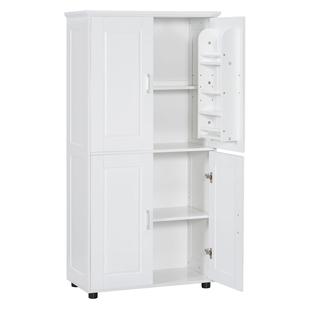 Tall And Wide Bathroom Floor Storage Cabinet With 4 Doors, Adjustable Shelves - White
